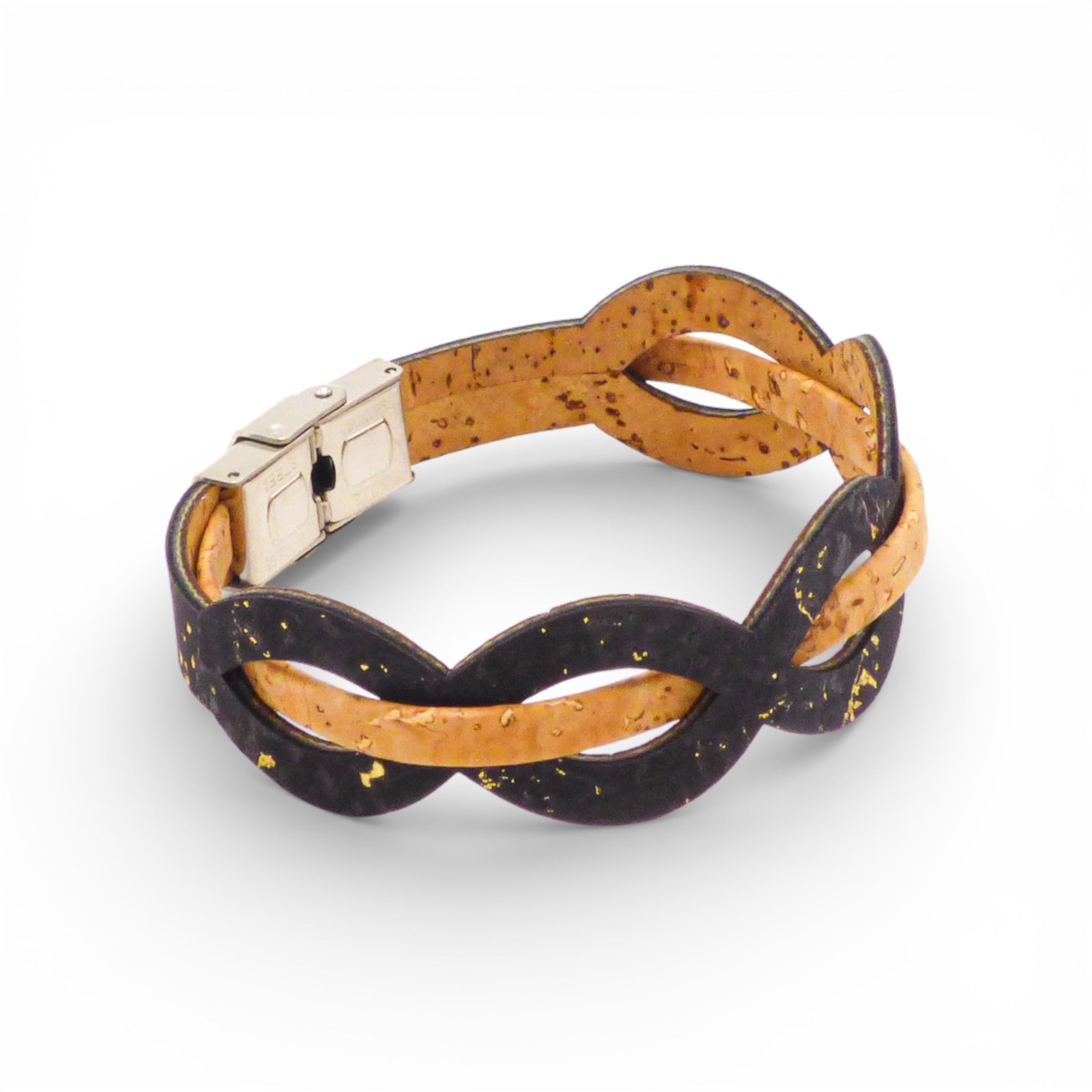 Bracelet entrelacé en liège brun foncé et naturel pailleté or — Cork Colors, fermoir métal, Portugal
