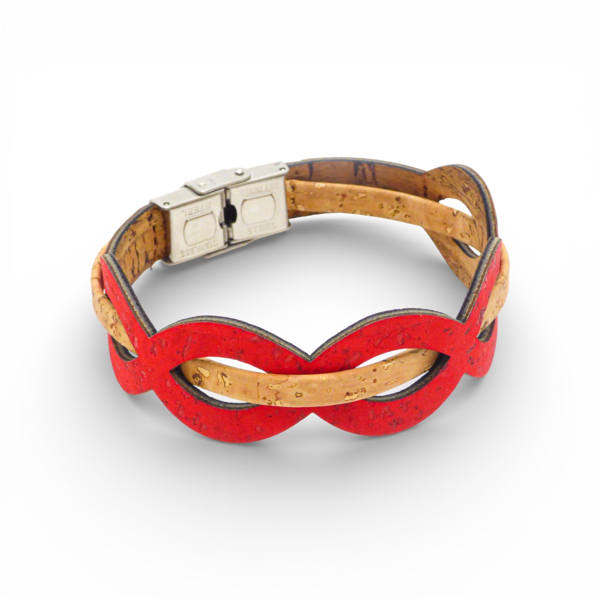 Bracelet entrelacé en liège rouge et naturel — Cork Colors, vague tressée, fermoir métal, Portugal