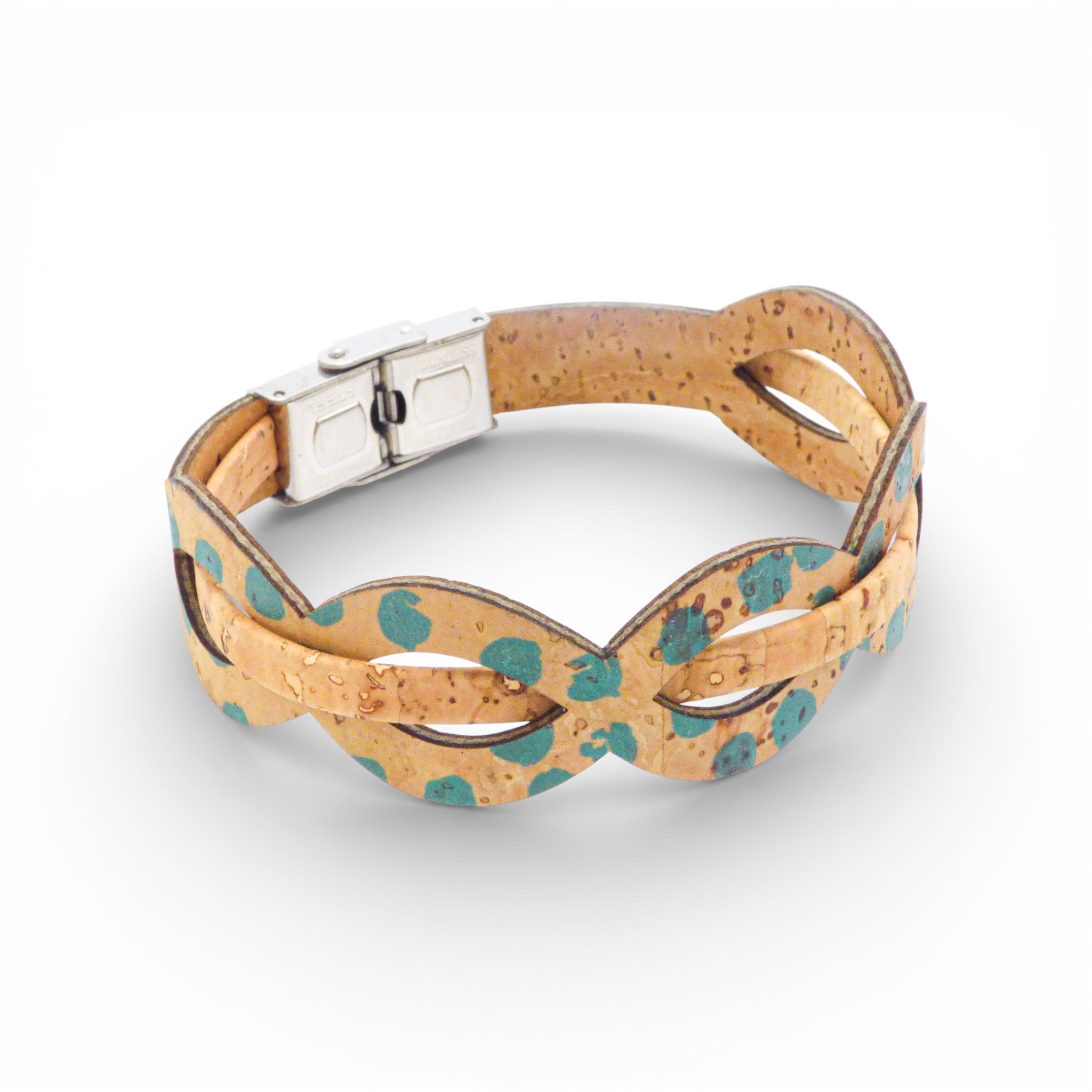 Bracelet entrelacé en liège naturel moucheté turquoise — Cork Colors, vague tressée, Portugal