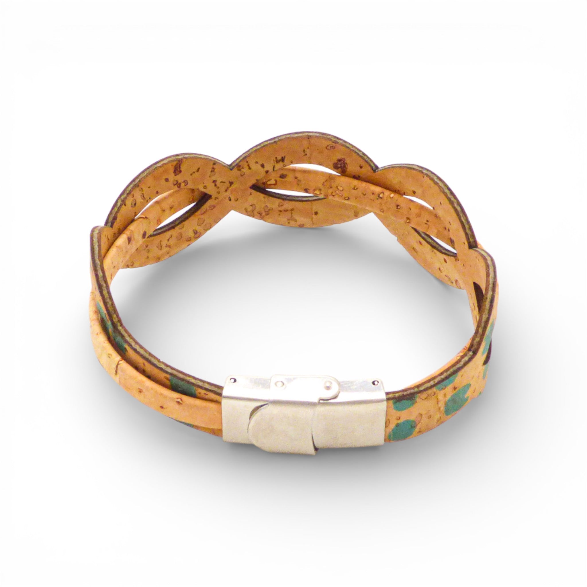 Dos d'un bracelet entrelacé en liège naturel moucheté turquoise — Cork Colors, fermoir métal, Portugal