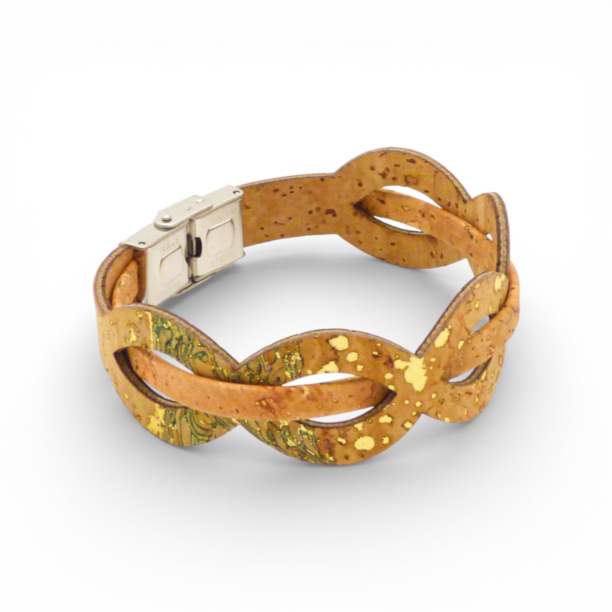 Bicolored green and gold women's bracelet by Cork Colors featuring an infinity wave pattern in cork material.