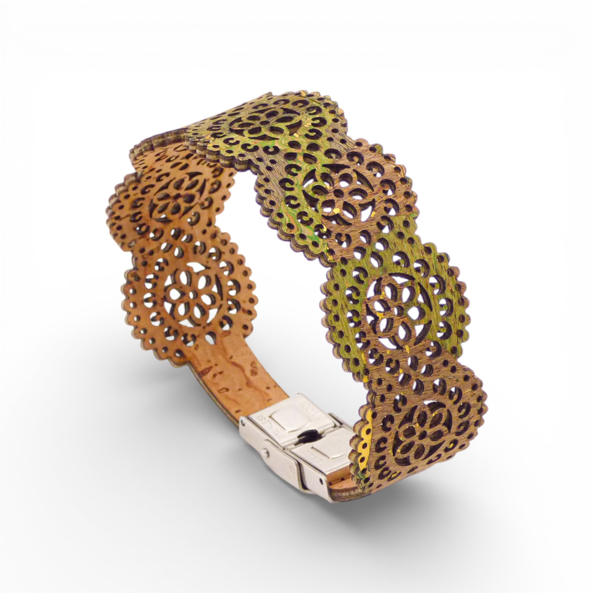 Cork Colors "Rosace" cuff bracelet featuring green and gold lace design with stainless steel closure.