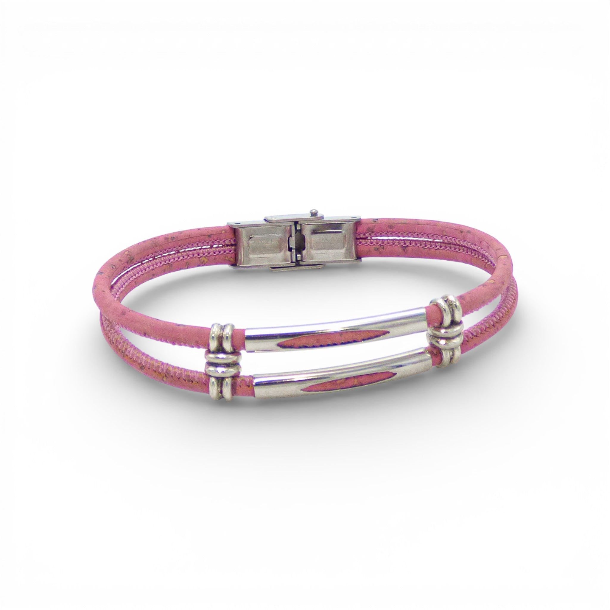 Minimalist double cork bracelet by Cork Colors with silver stainless steel links in a stylish front view.