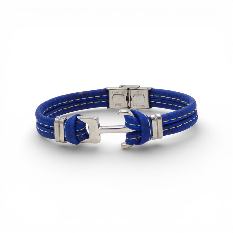 Bracelet homme cordon de liège bleu roi à ancre marine acier — Cork Colors, Portugal