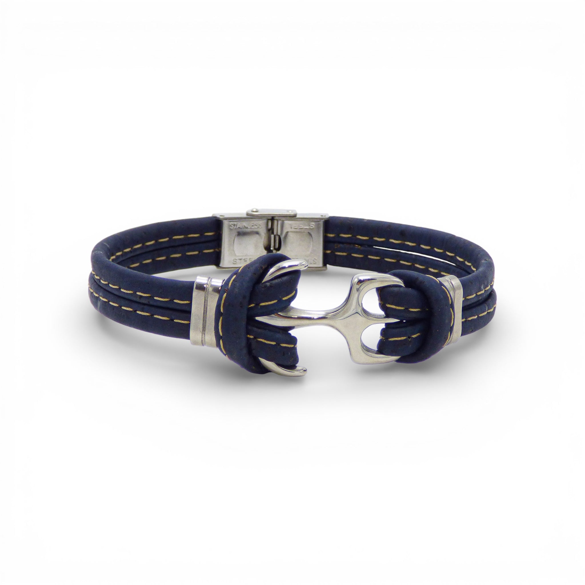 Bracelet homme cordon de liège bleu marine à ancre acier — Cork Colors, Portugal