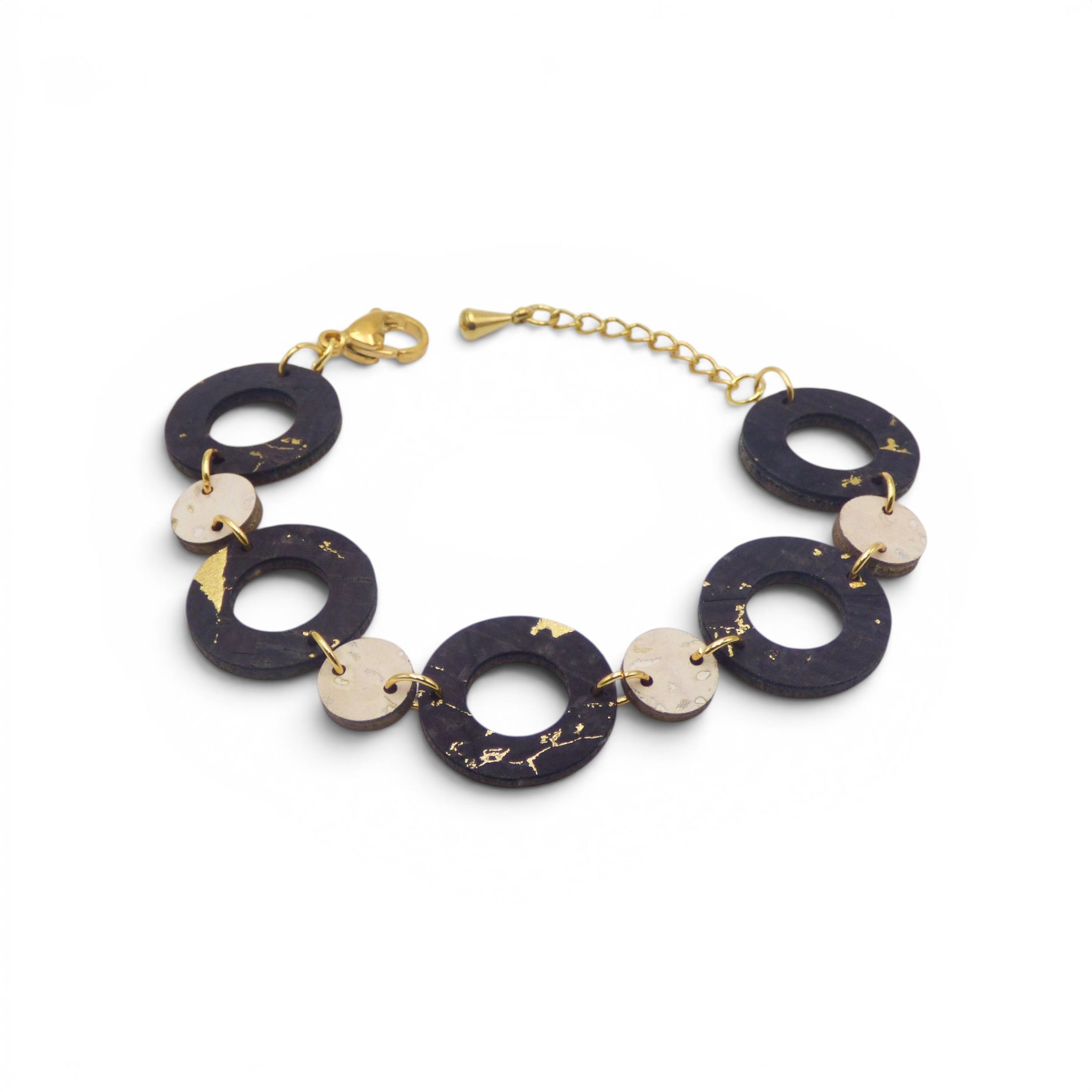 Bracelet liège noir doré ronds mélangé naturel beige, bijou écologique pièce limitée Cork Colors