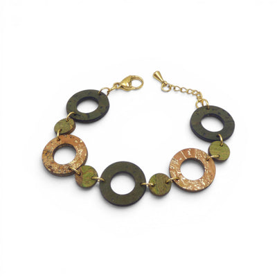 Bracelet liège fin avec ronds colorés vert d'eau, marron doré et naturel, bijou fait main Cork Colors