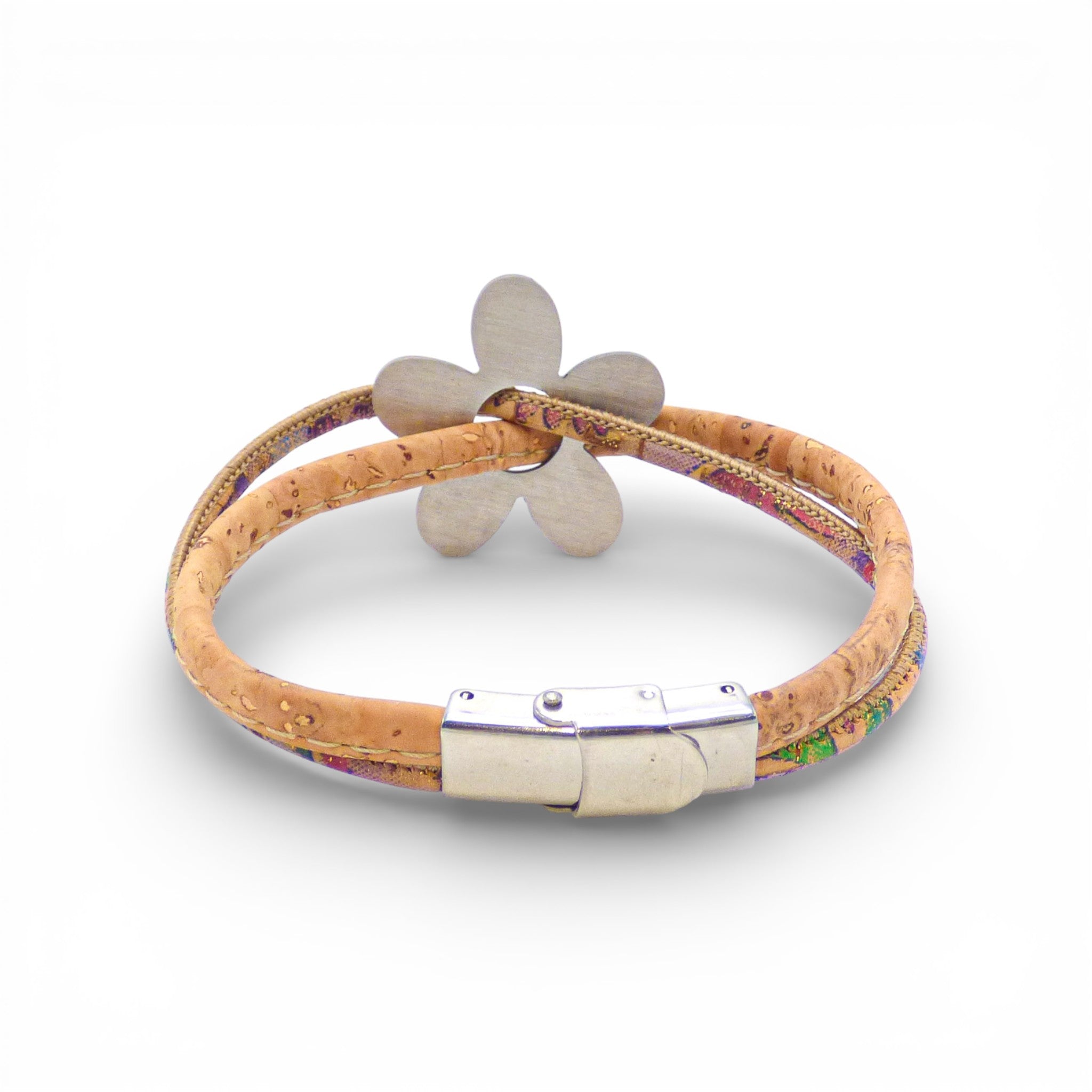 Bracelet en liège naturel et cordon pailleté multicolore — Cork Colors, fleur métal blanchi, Portugal