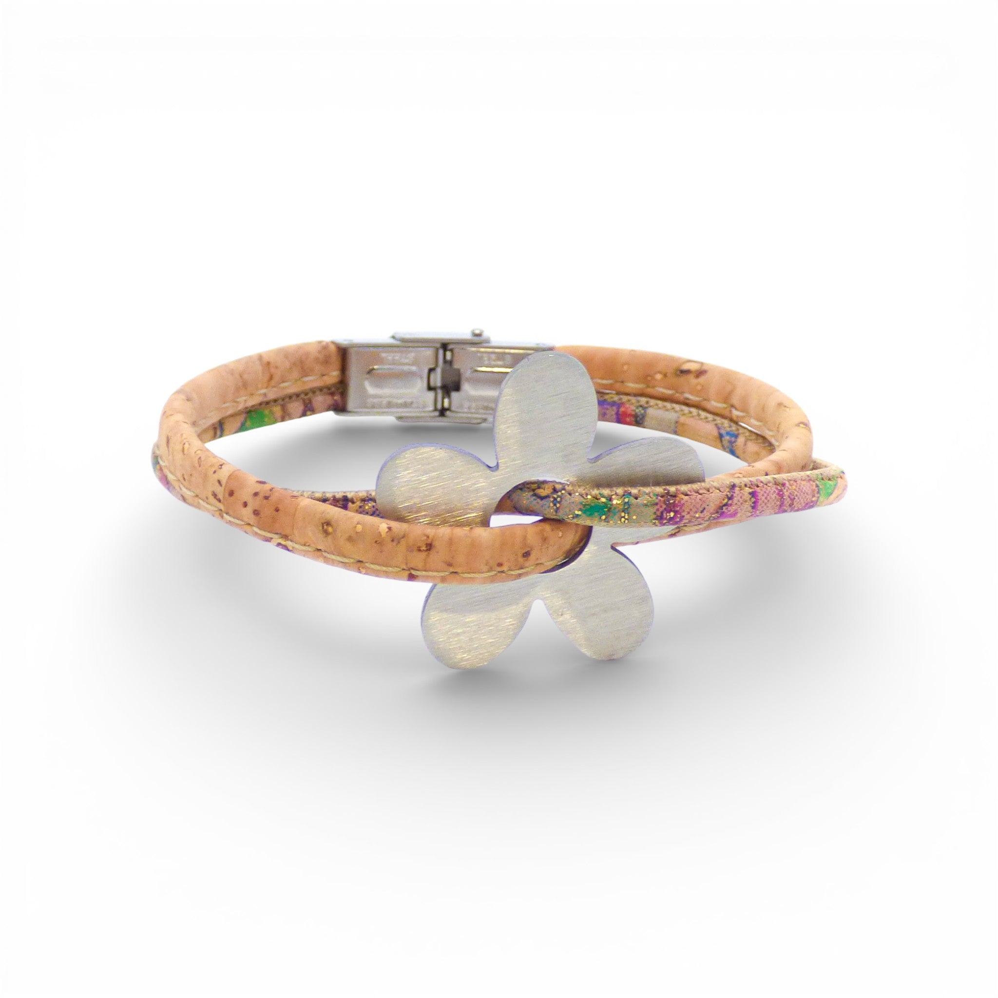Bracelet en liège naturel et cordon pailleté multicolore — Cork Colors, fleur métal blanchi, Portugal