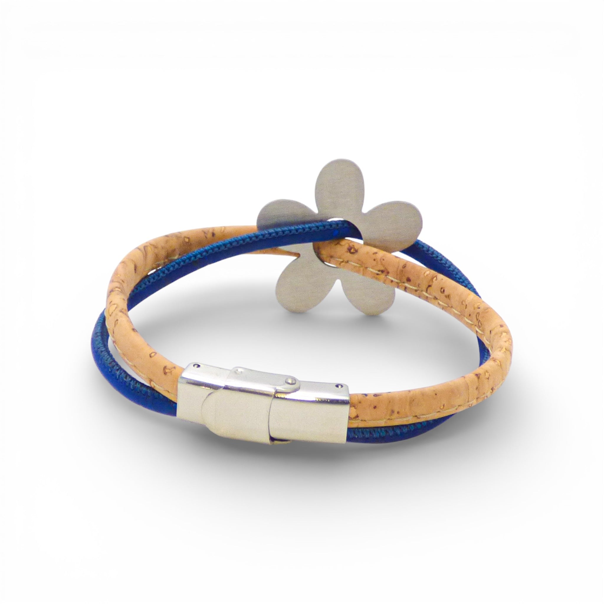 Bracelet en liège naturel et cordon bleu — Cork Colors, marguerite métal blanchi, fermoir, Portugal