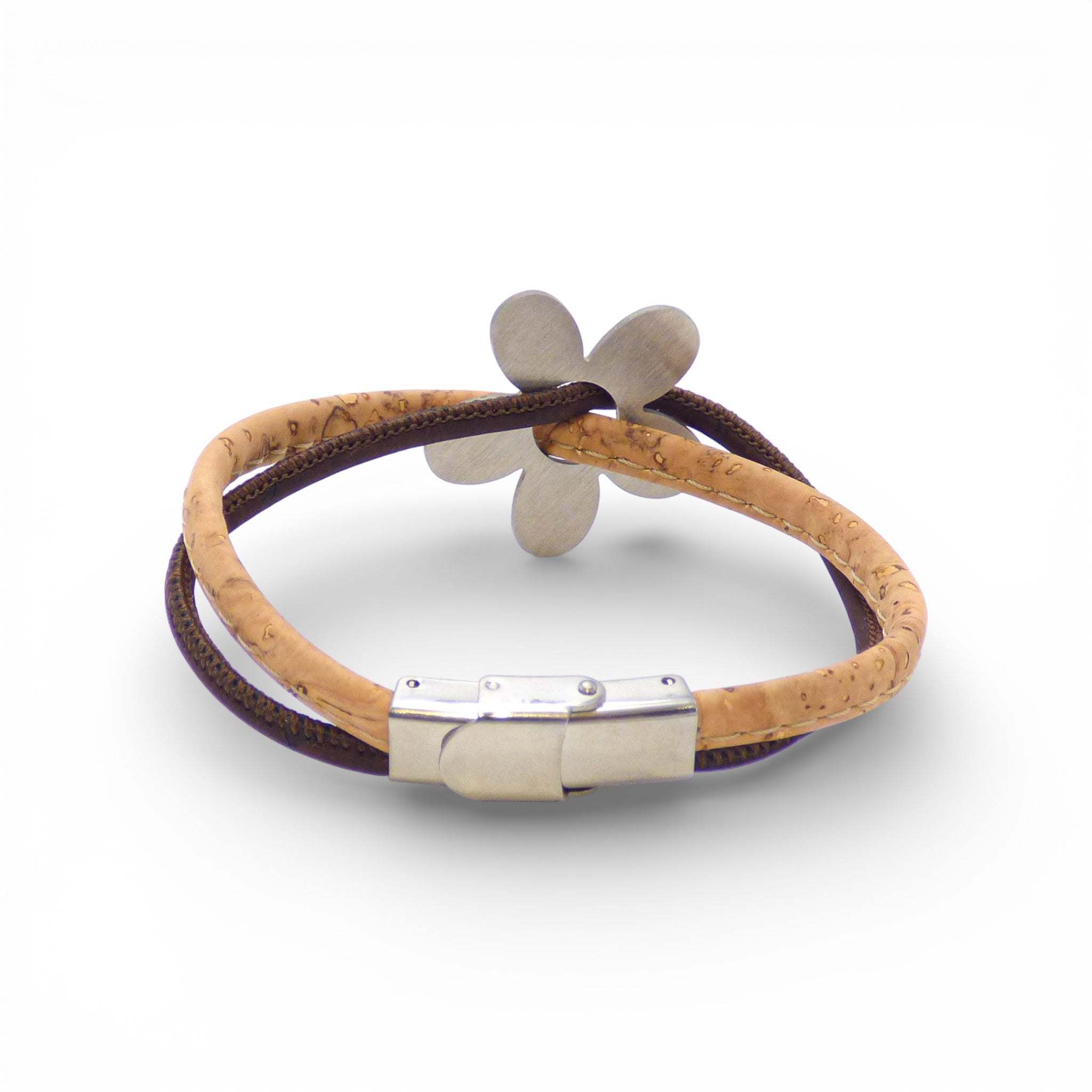 Bracelet en liège naturel et cordon brun foncé — Cork Colors, marguerite métal blanchi, Portugal