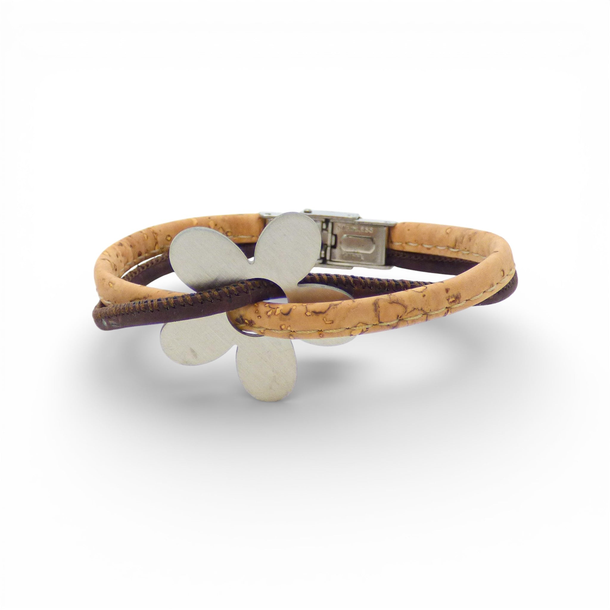 Bracelet en liège naturel et cordon brun — Cork Colors, marguerite métal blanchi, fermoir, Portugal
