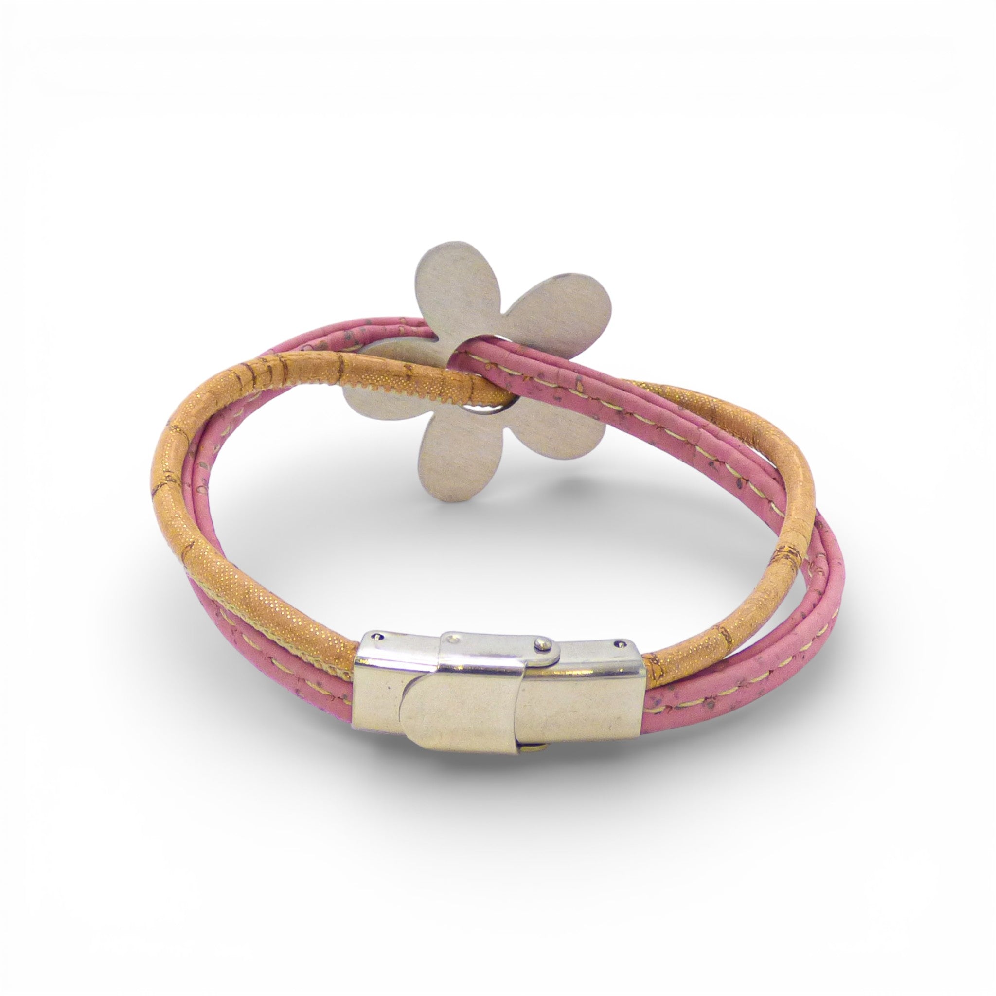 Bracelet en liège naturel et cordon rose — Cork Colors, marguerite métal blanchi, fermoir, Portugal
