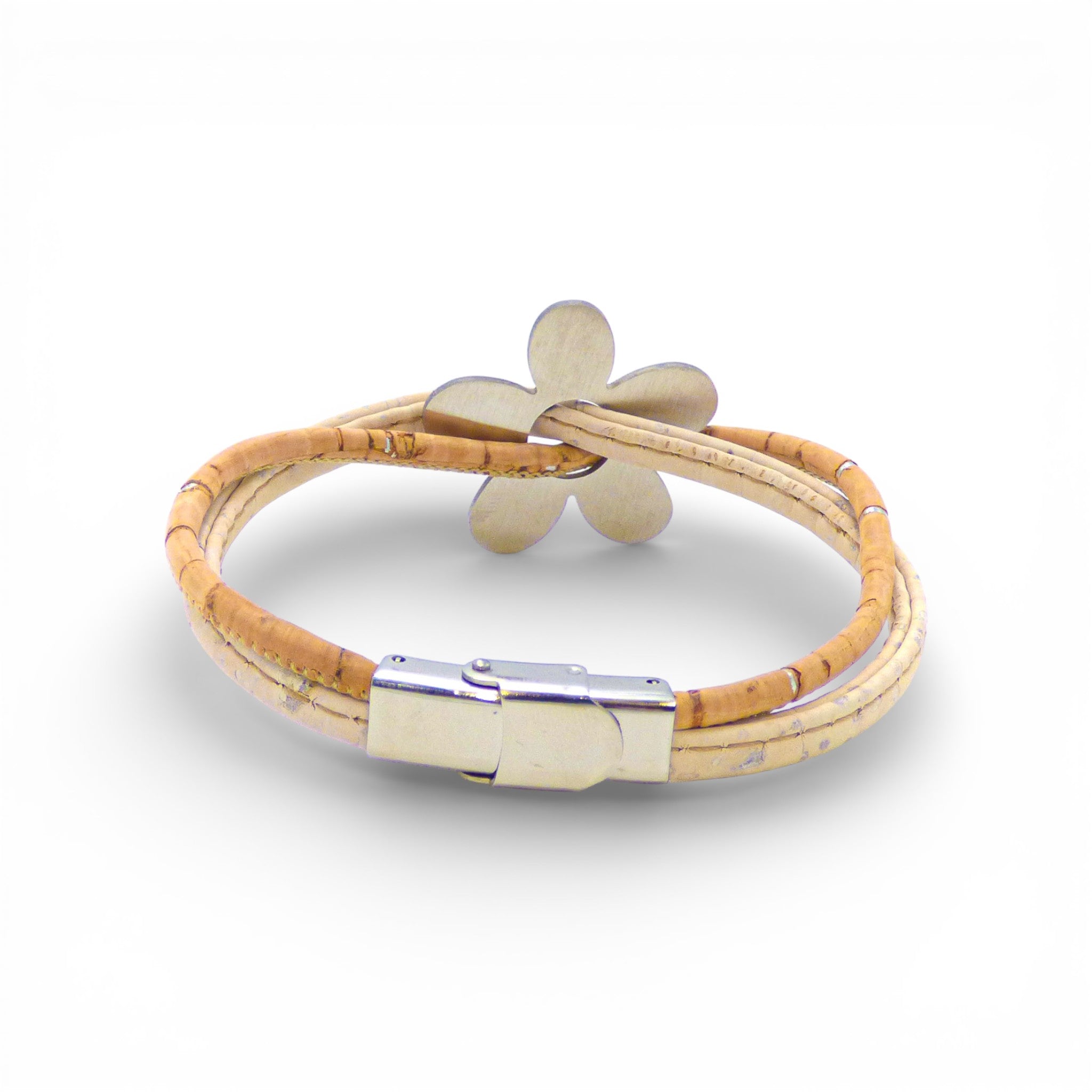 Bracelet à fleur métal blanchi en liège naturel — Cork Colors, fermoir aimanté acier, Portugal