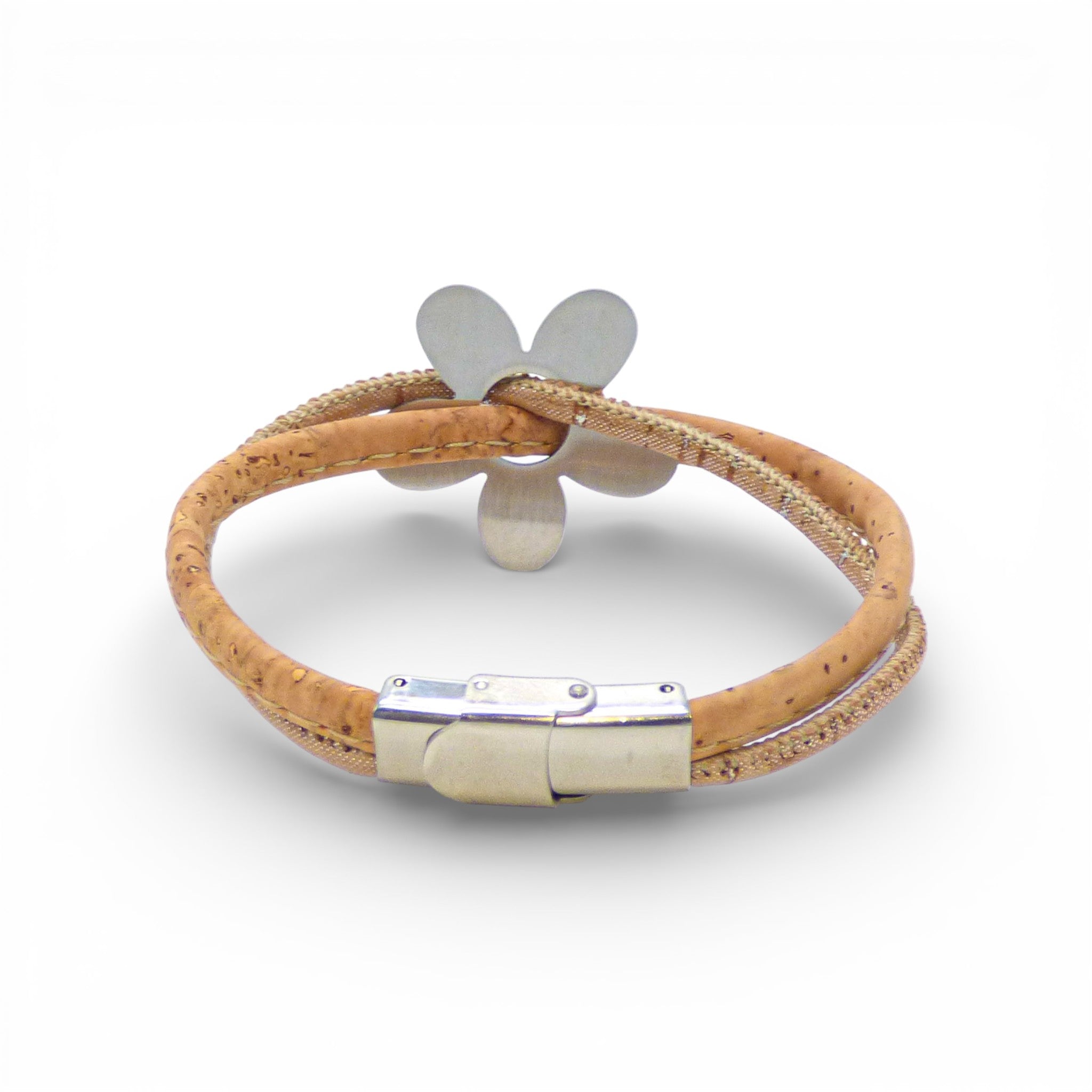 Bracelet à fleur métal blanchi en liège naturel — Cork Colors, Marguerite, fermoir aimanté, Portugal