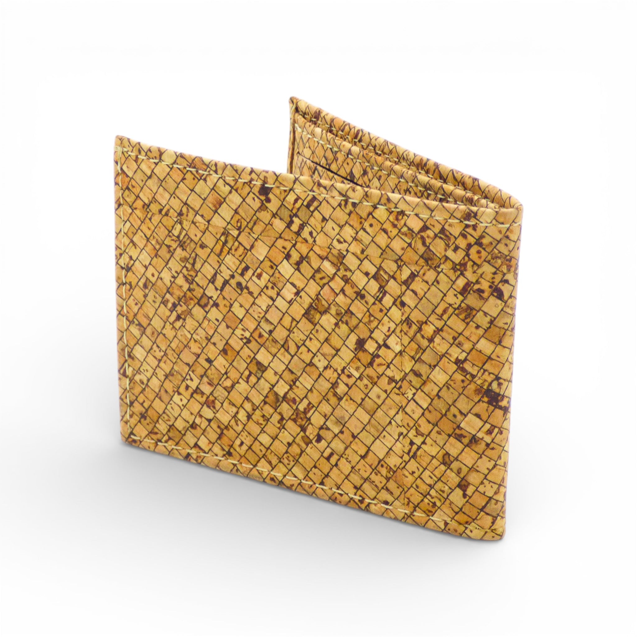 Bifold cork card holder "Mosaïque" by Cork Design showcasing a stylish mosaic pattern and compact design.
