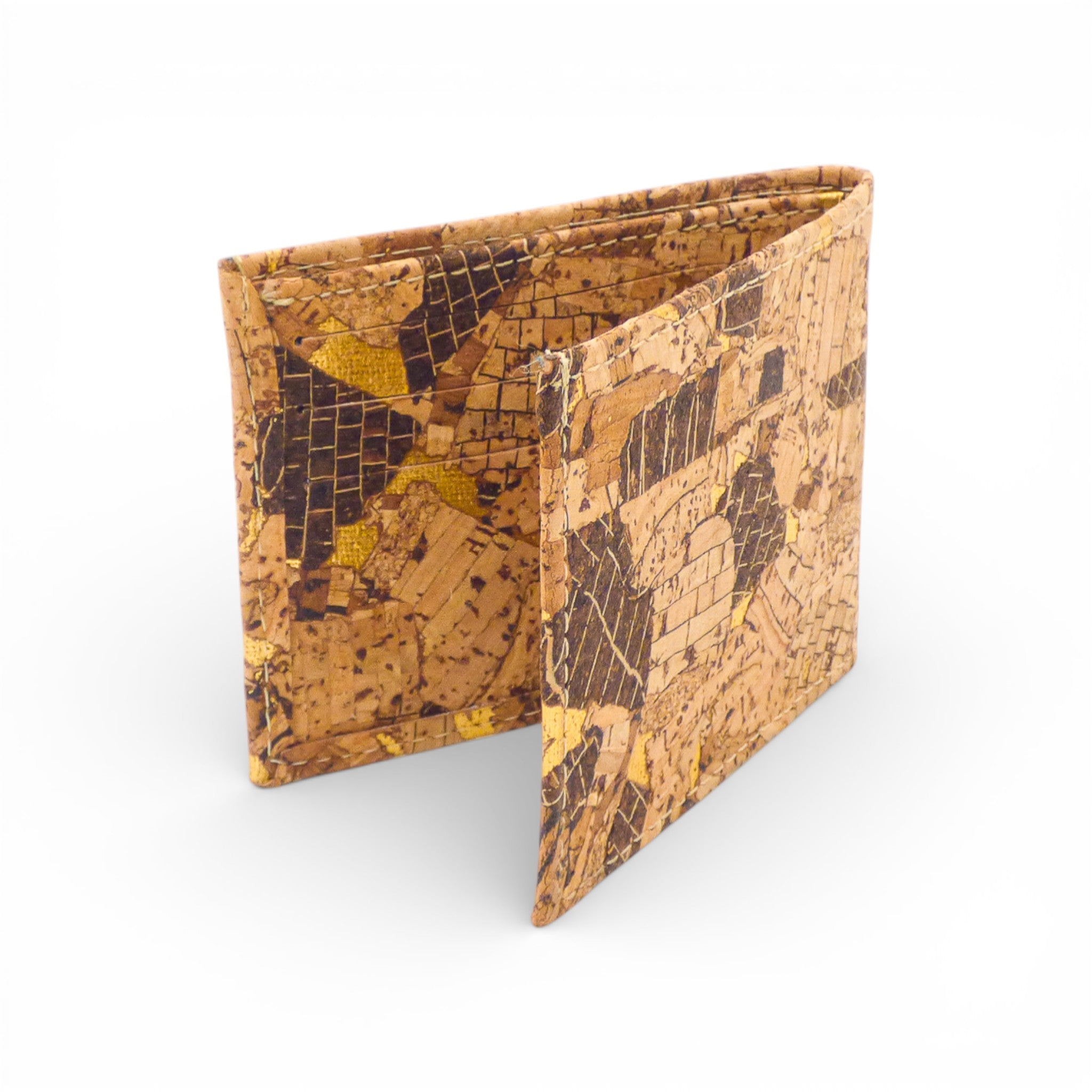 Bifold cork wallet "Mosaïque" by Cork Design showcasing intricate mosaic pattern and functional card slots.