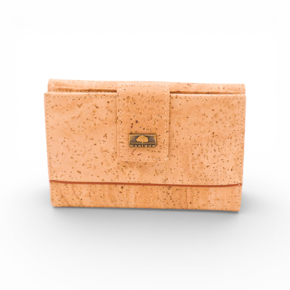 Face d'un portefeuille compact en liège naturel uni — Montado, patte aimantée, Portugal