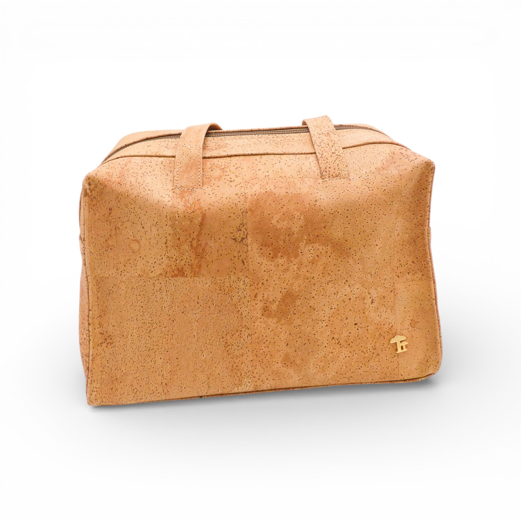 Sac à main en liège naturel fermé, de trois-quarts — Cork Design, anses courtes, logo doré, Portugal