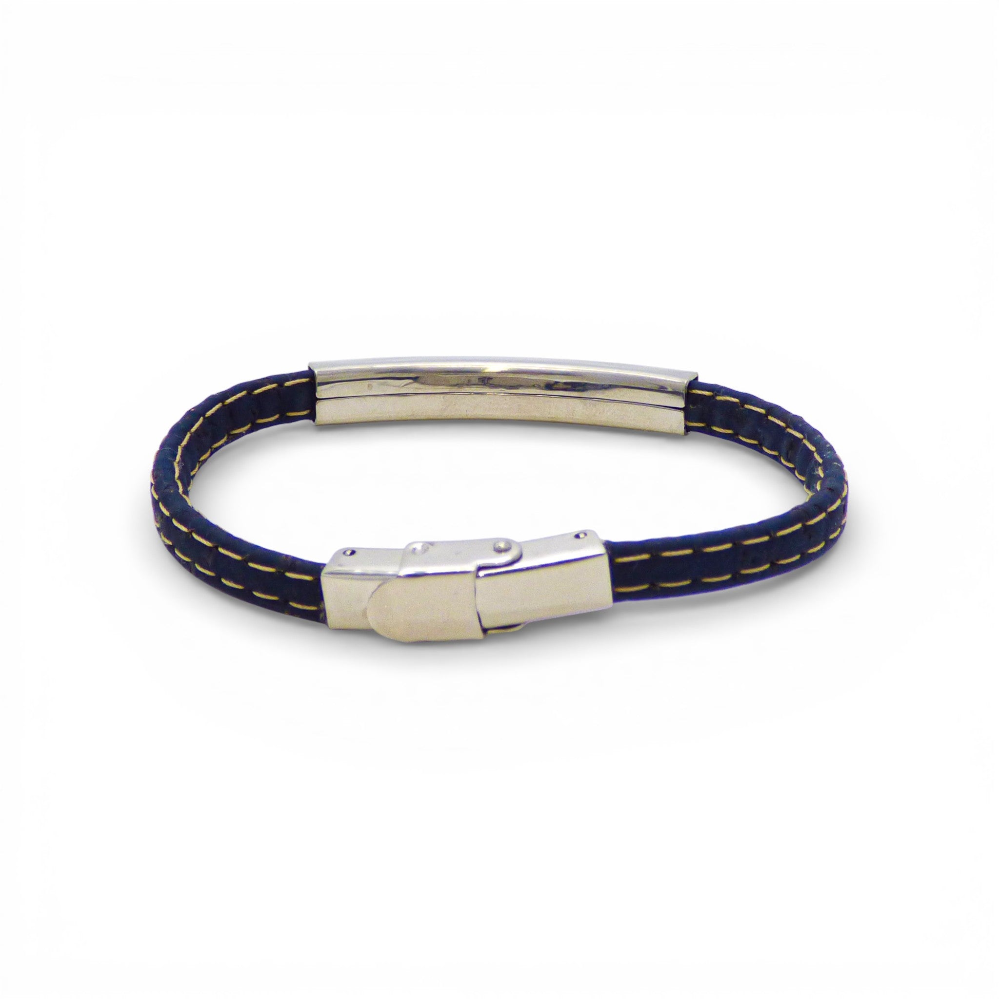 Adjustable blue minimalist bracelet by Cork Colors made from cork and stainless steel.