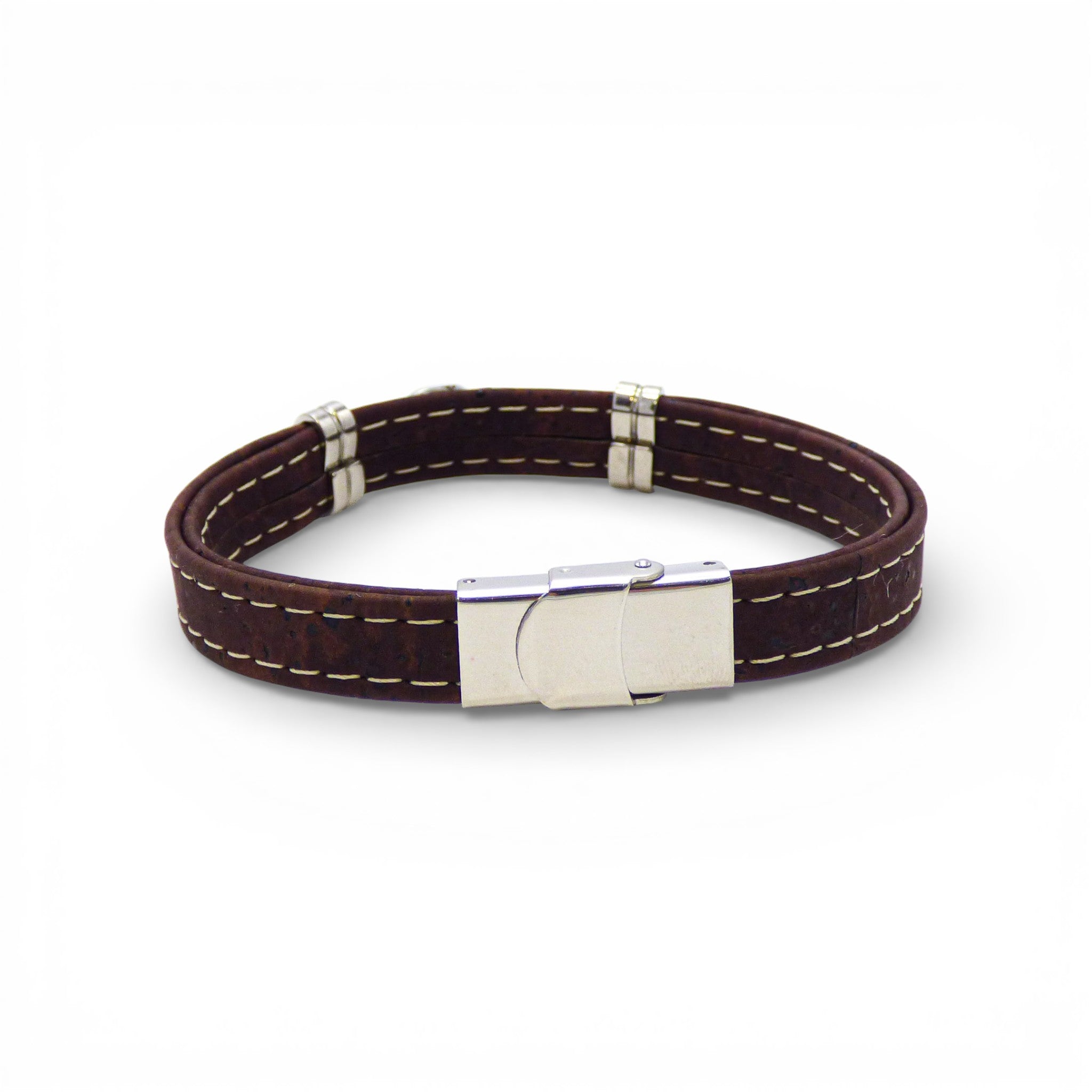 Dos d'un bracelet homme en liège marron — Cork Colors, fermoir acier dépliant, Portugal