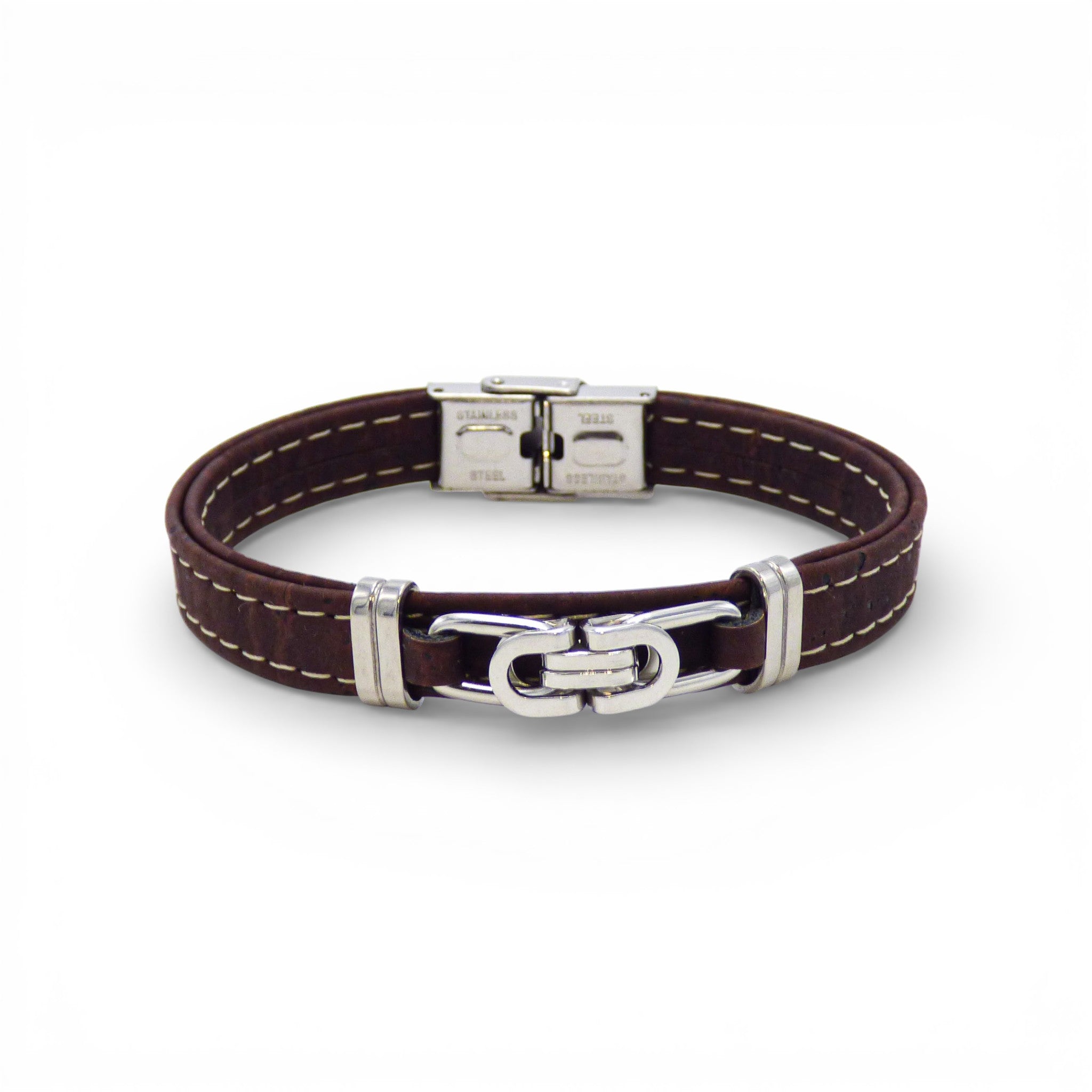 Bracelet homme en liège marron, vue de face — Cork Colors, maillon acier entrelacé, Portugal