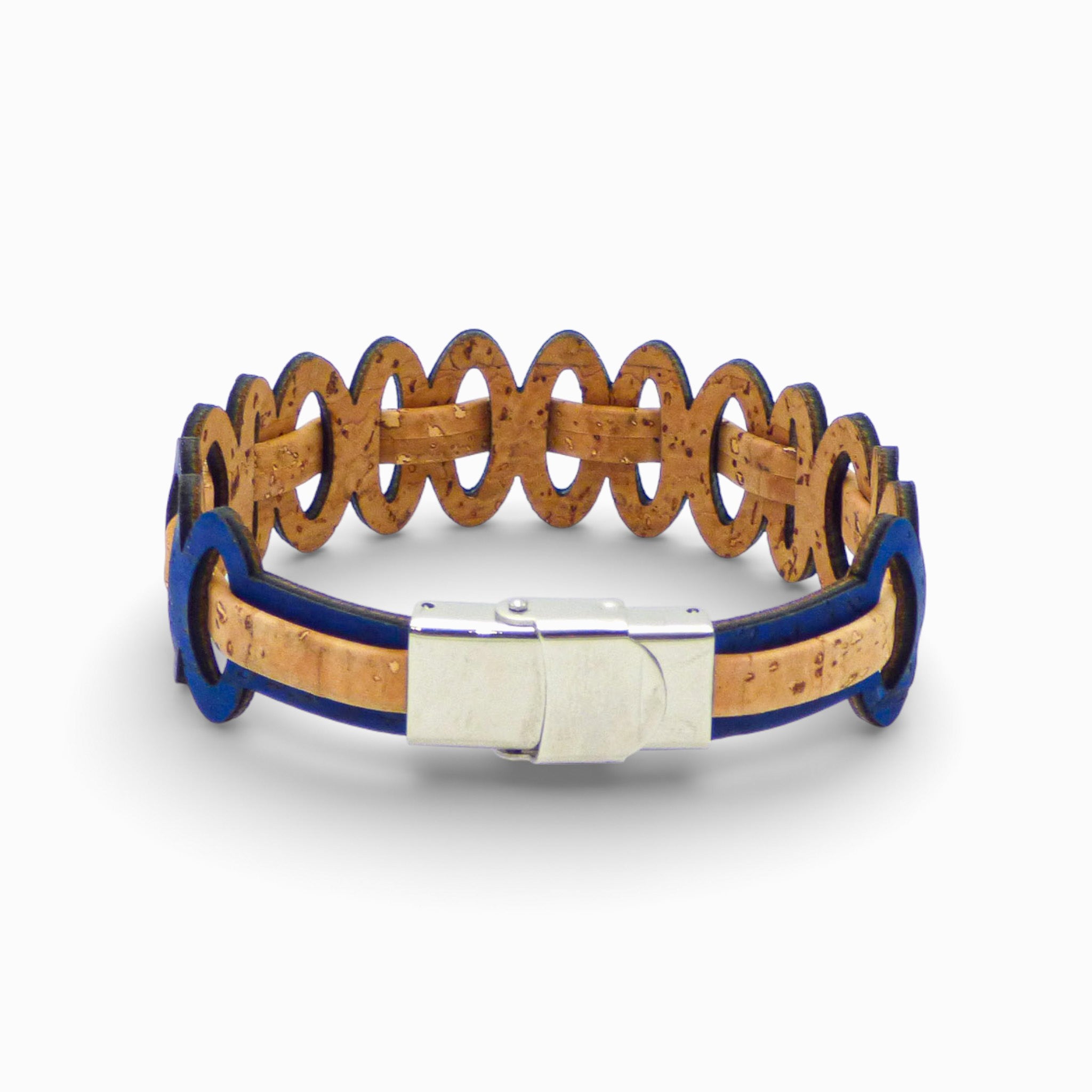 Adjustable Cork Colors women's bracelet with graphic links in natural and electric blue cord.