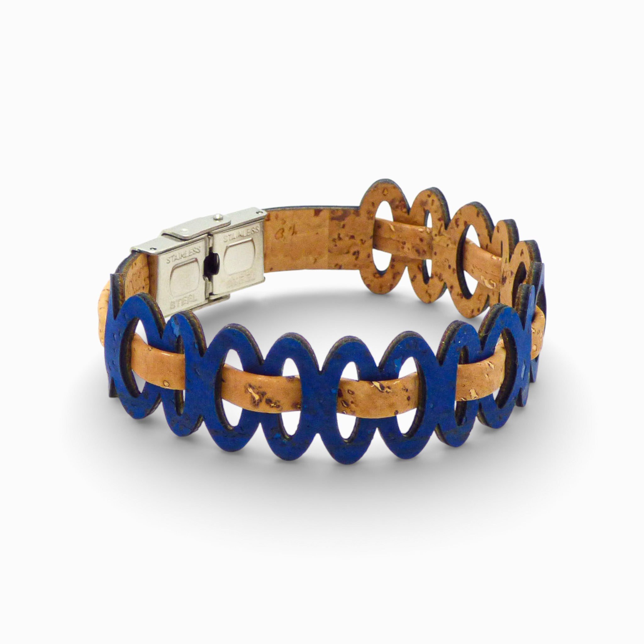 Adjustable Cork Colors women's bracelet featuring graphic links in electric blue and natural tones.