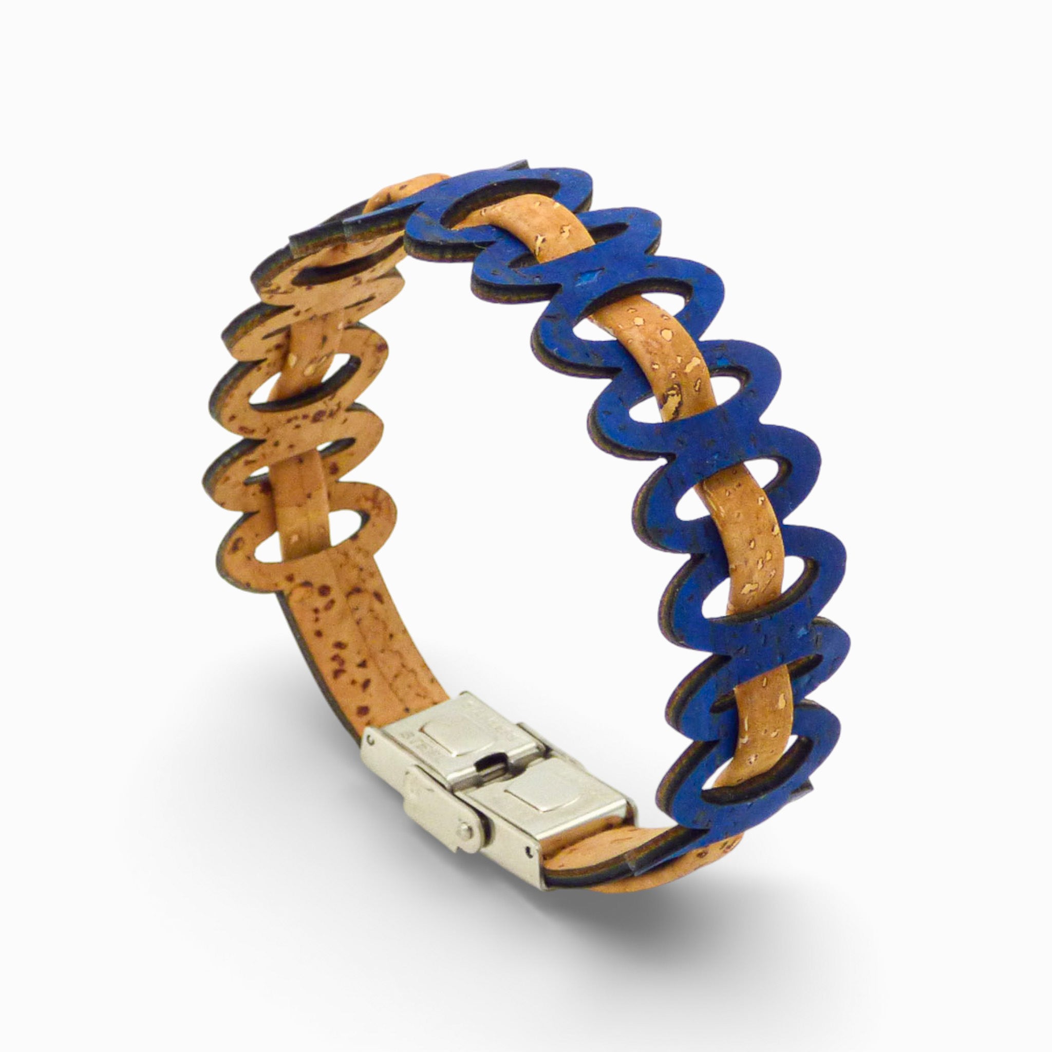 Adjustable Cork Colors women's bracelet featuring graphic links in natural and electric blue cord.