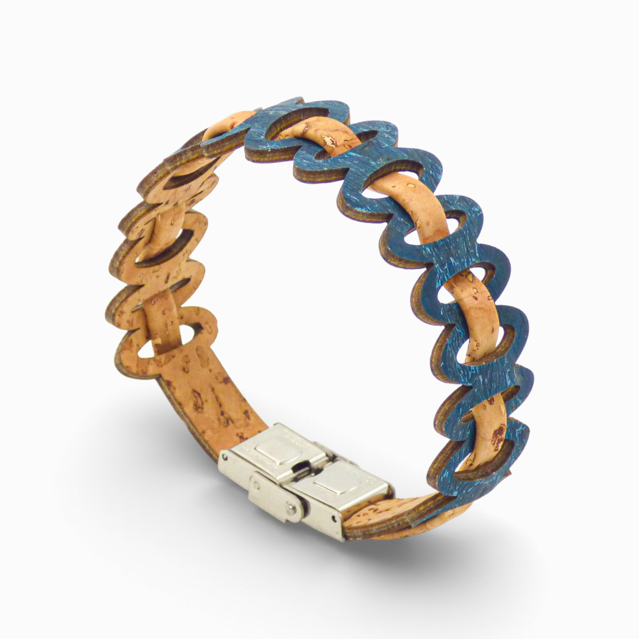 Adjustable women's bracelet in dark blue cord with natural cork links by Cork Colors.