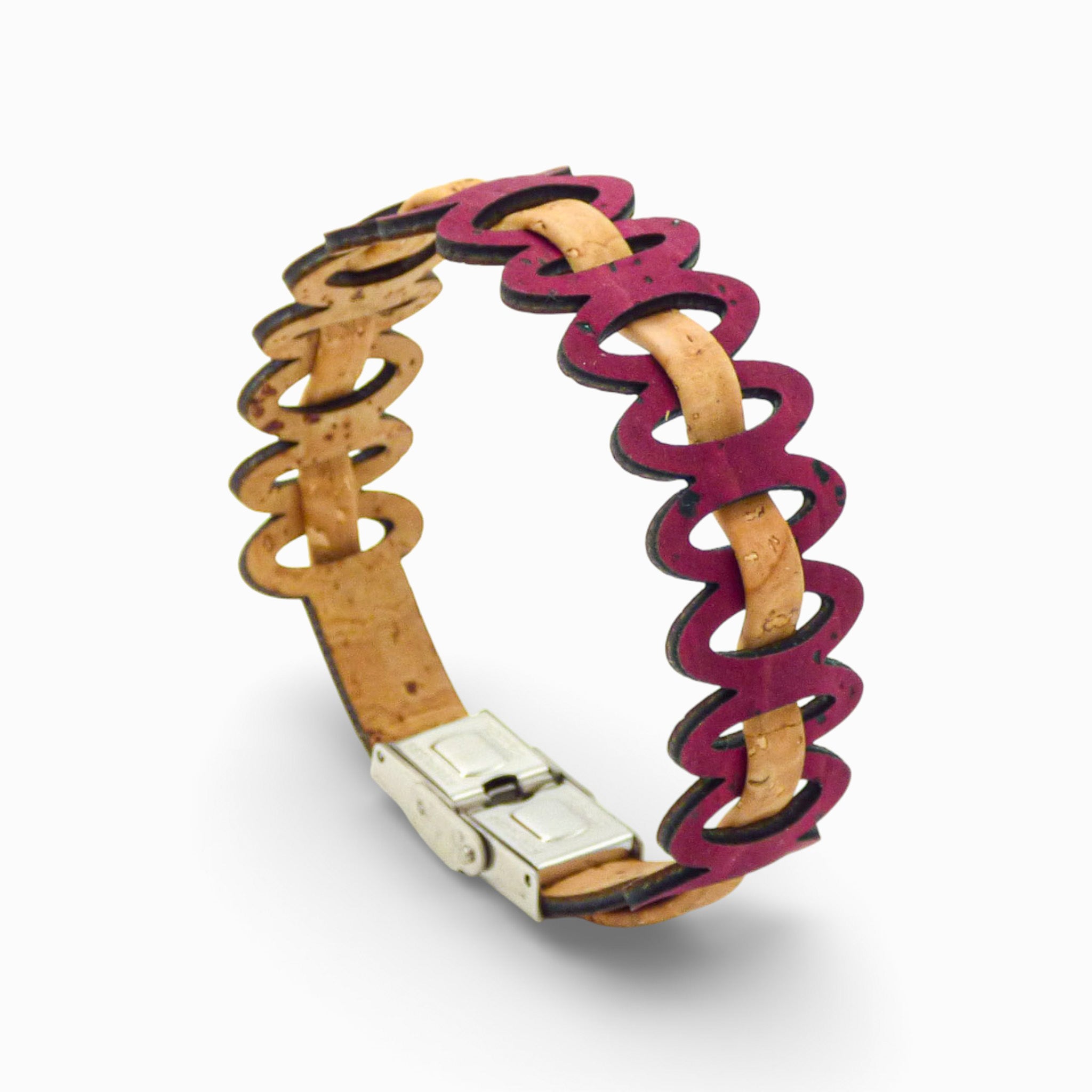 Adjustable double cord bracelet in mauve with graphic links, made from natural cork by Cork Colors for women.