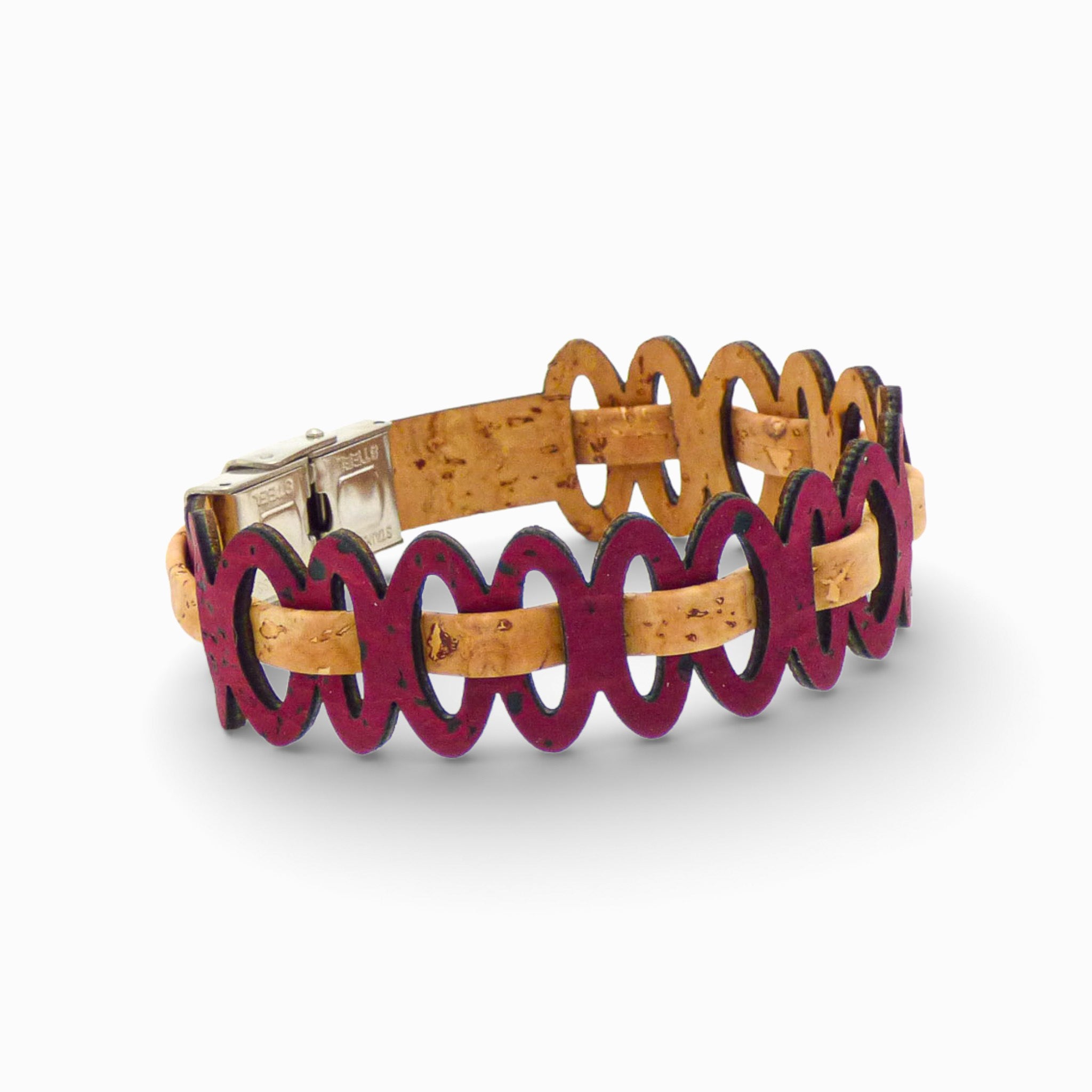 Adjustable women's bracelet featuring graphic links in natural cork by Cork Colors, with a stylish mauve cord.