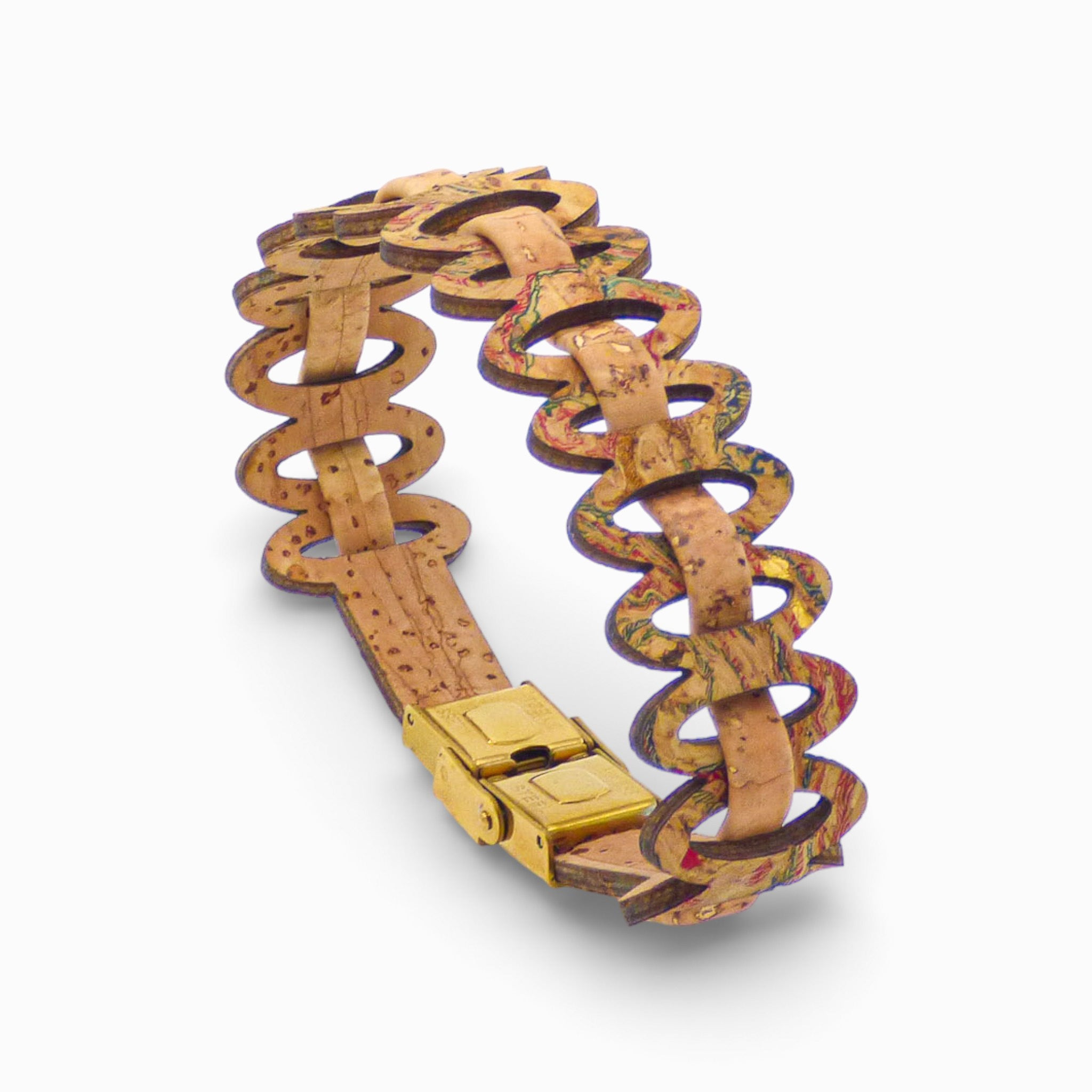 Adjustable women's bracelet from Cork Colors featuring multicolor graphic links and natural cork design.