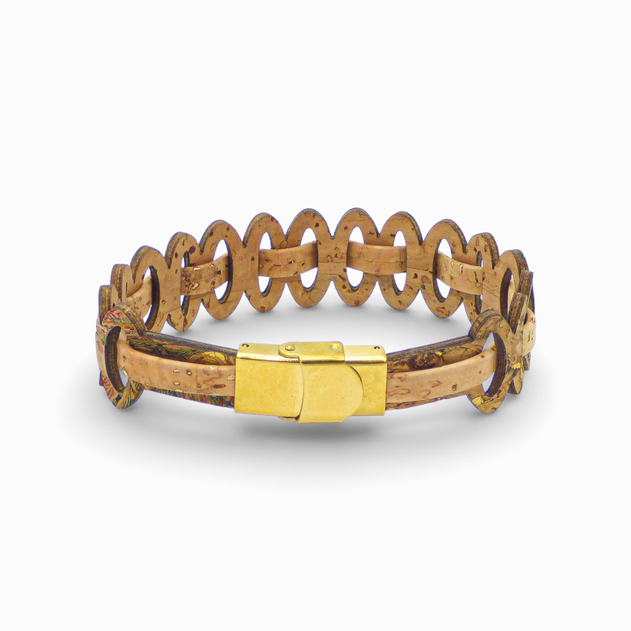 Multicolor adjustable Cork Colors bracelet with graphic links, crafted from cork for women.