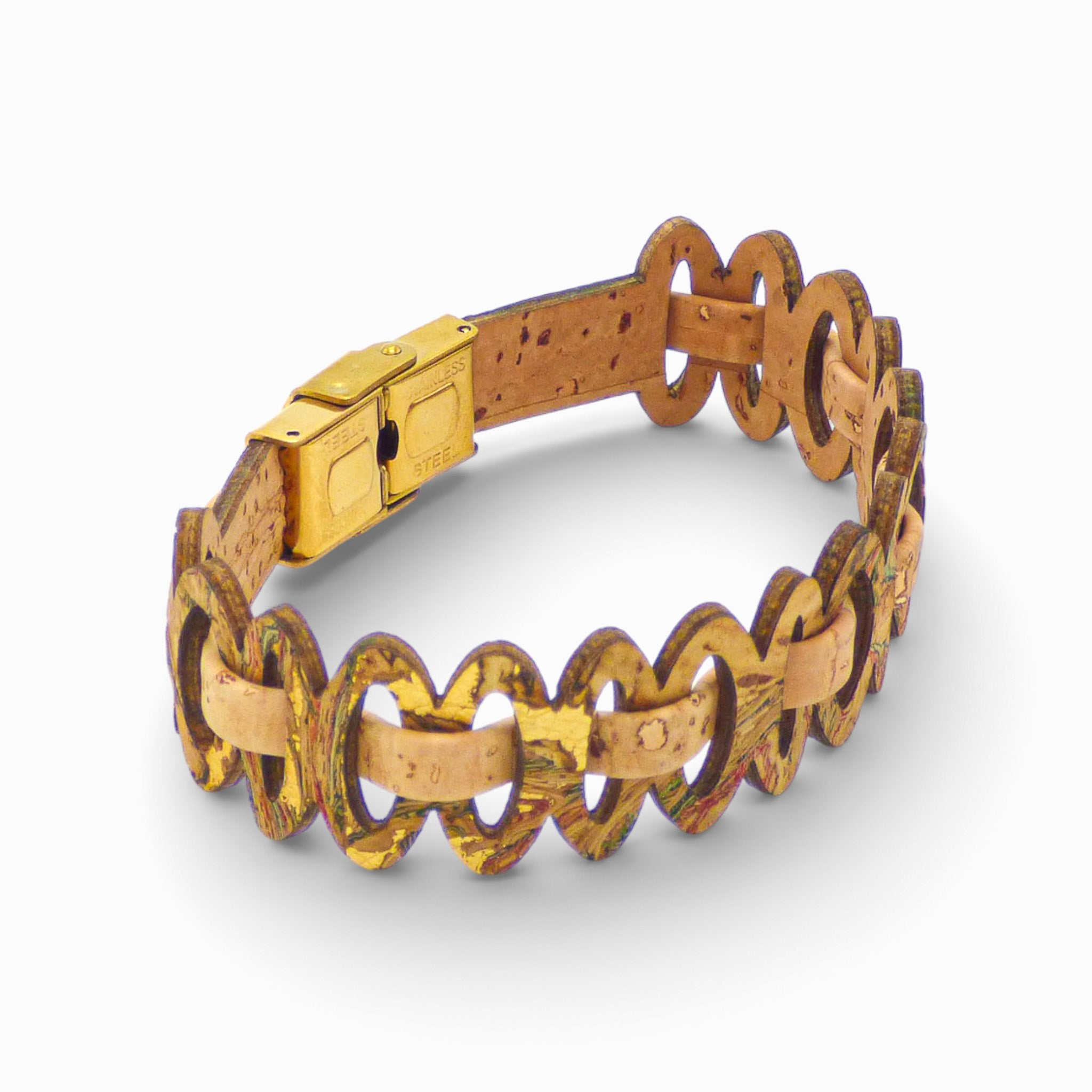 Adjustable Cork Colors bracelet featuring multicolor graphic links, designed for women, showcasing a natural cork finish.