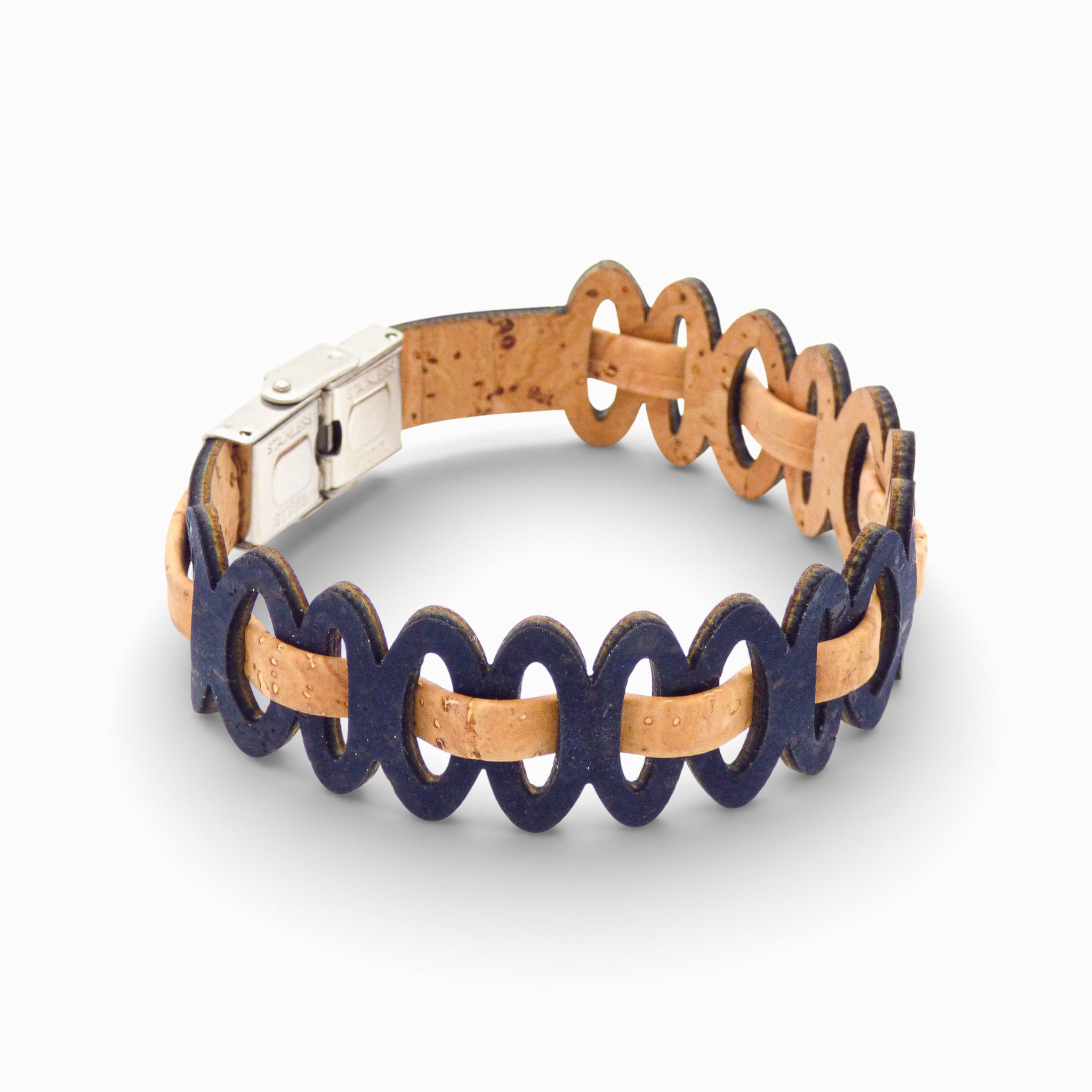 Adjustable Cork Colors women's bracelet featuring graphic links in natural and black cord.
