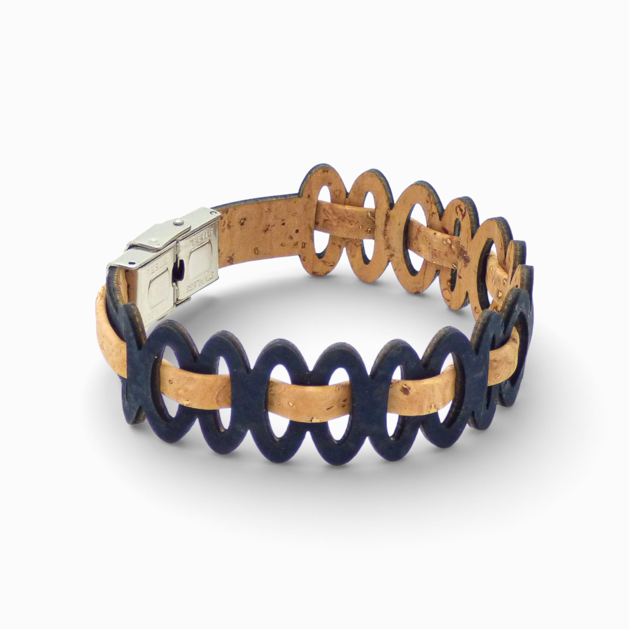 Adjustable Cork Colors women's graphic link bracelet in natural and black, showcasing a stylish design.