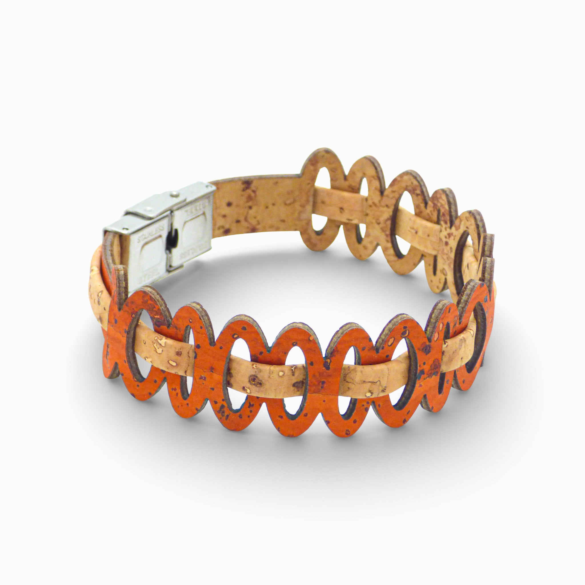 Adjustable Cork Colors women's bracelet with graphic links, featuring natural and orange tones.
