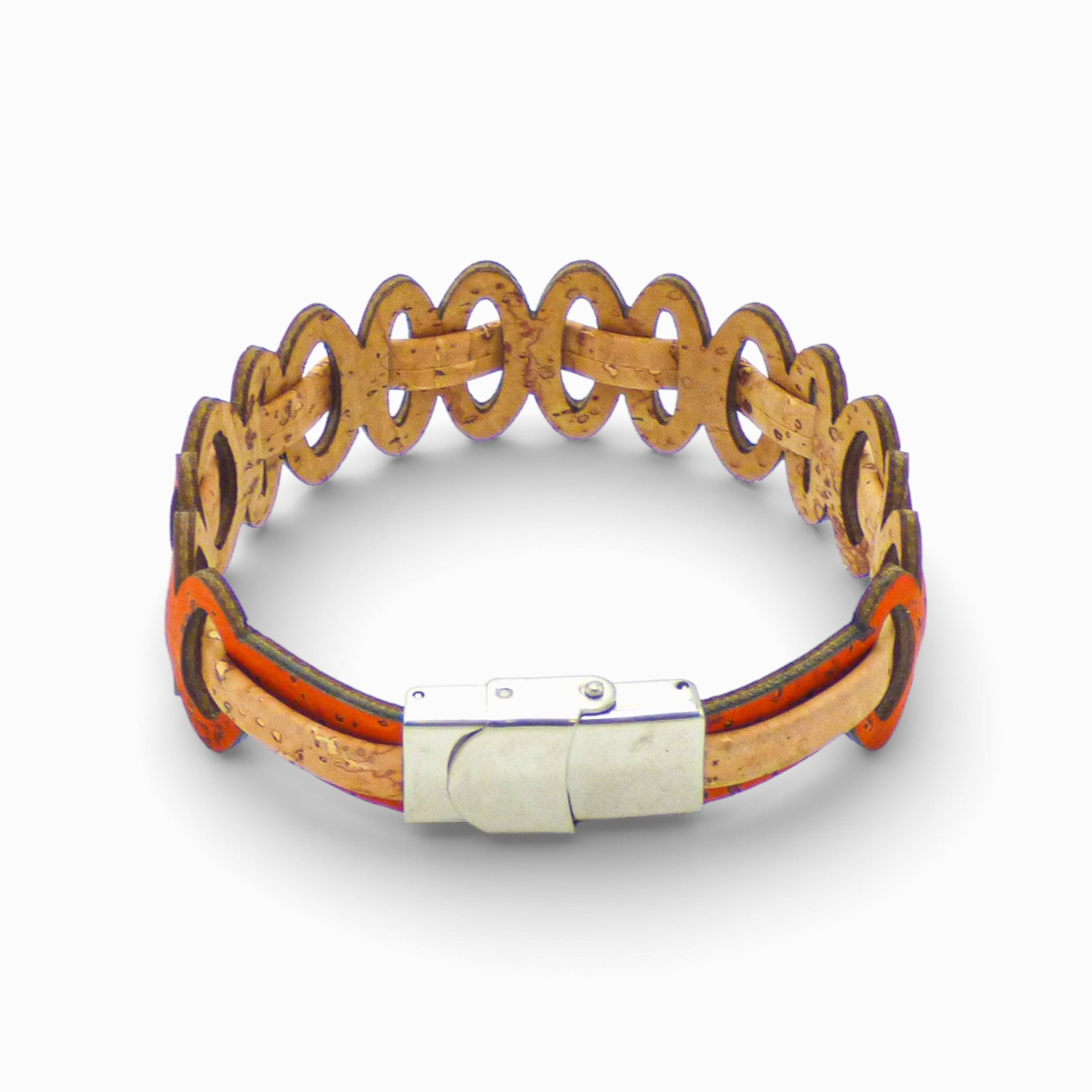 Adjustable women's cork bracelet with graphic links in orange and natural tones by Cork Colors.