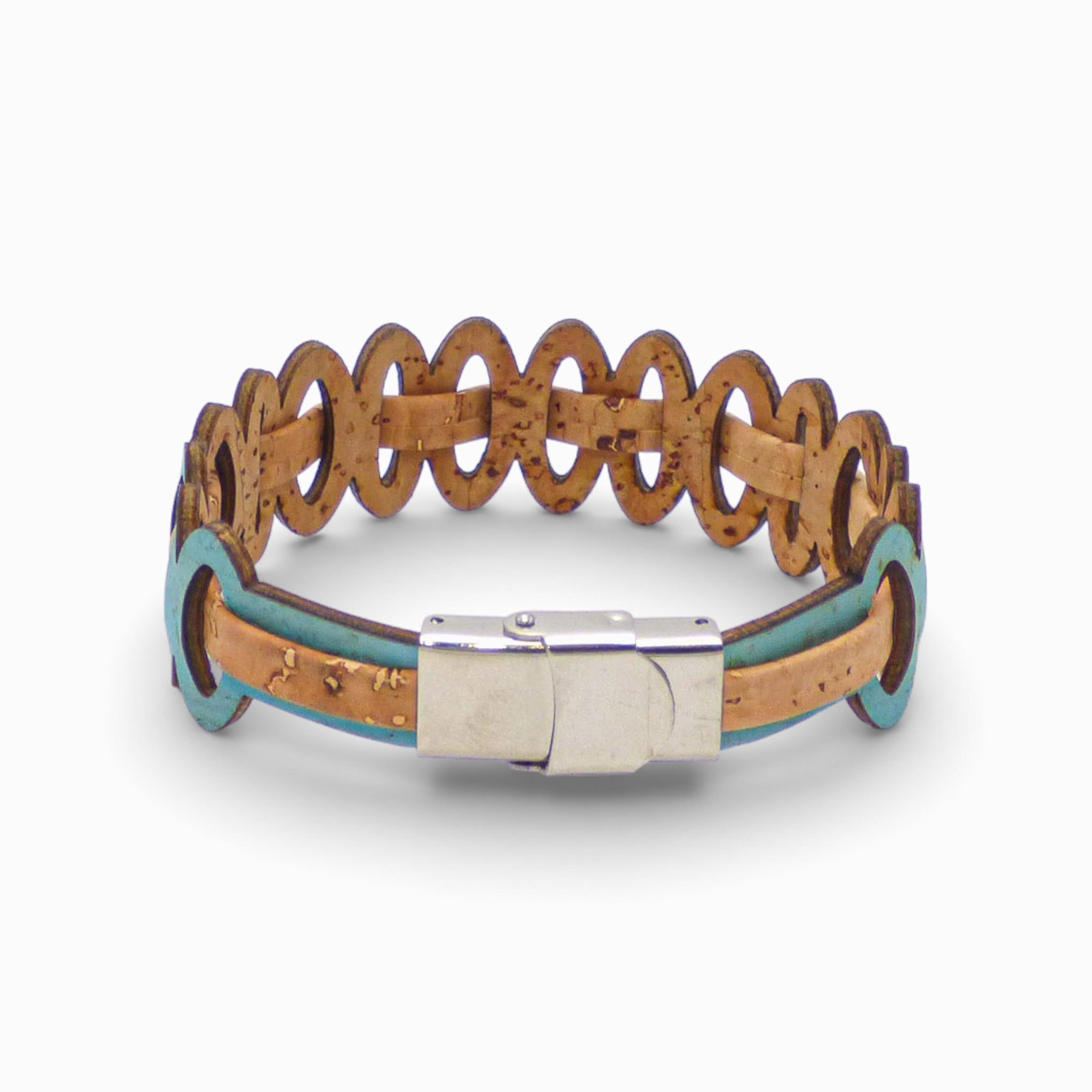 Adjustable women's bracelet by Cork Colors featuring graphic links in natural cork and turquoise cord.