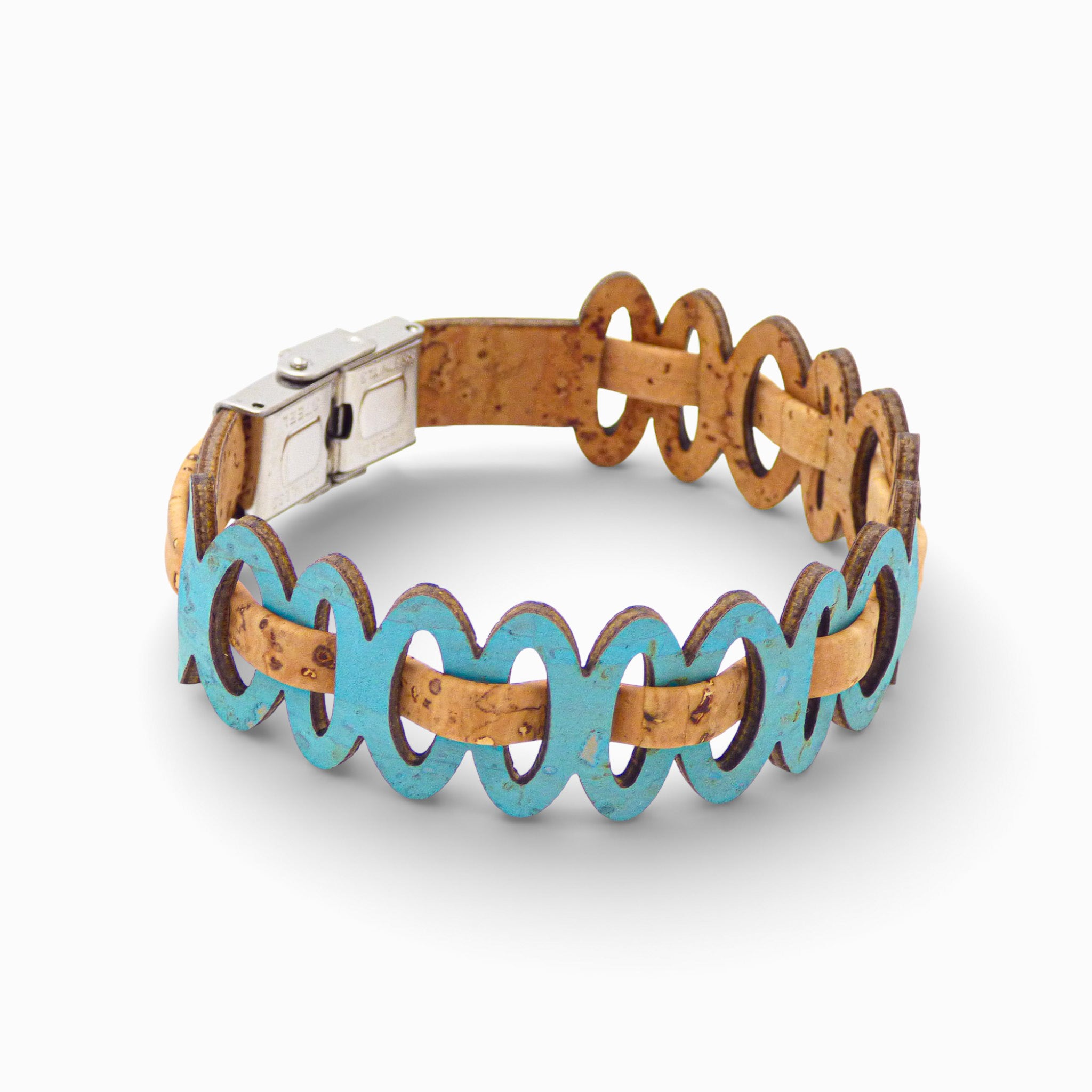 Adjustable Cork Colors women's bracelet with turquoise double cord and graphic links, showcasing a stylish design.