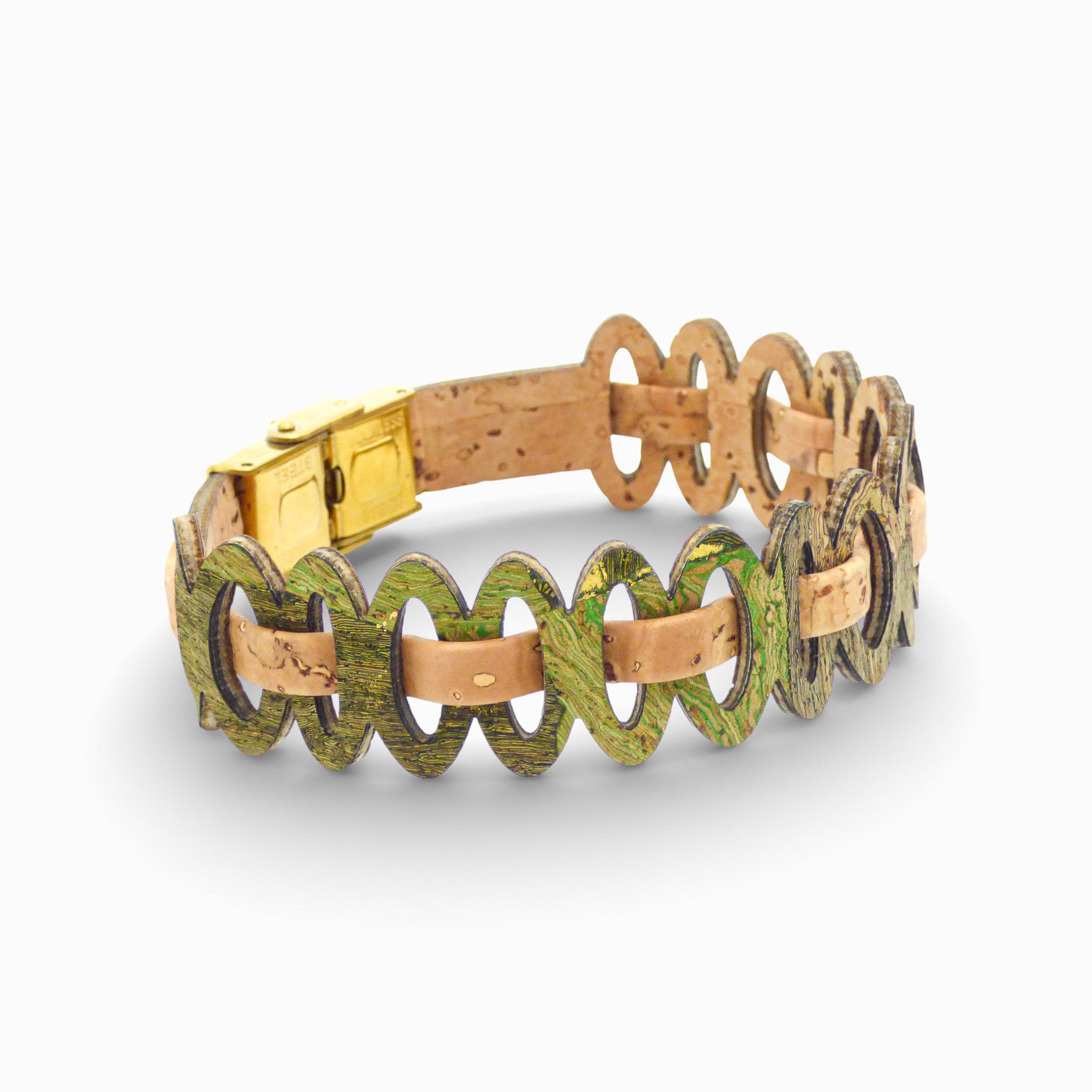 Adjustable Cork Colors women's bracelet featuring graphic links in natural green and gold tones.