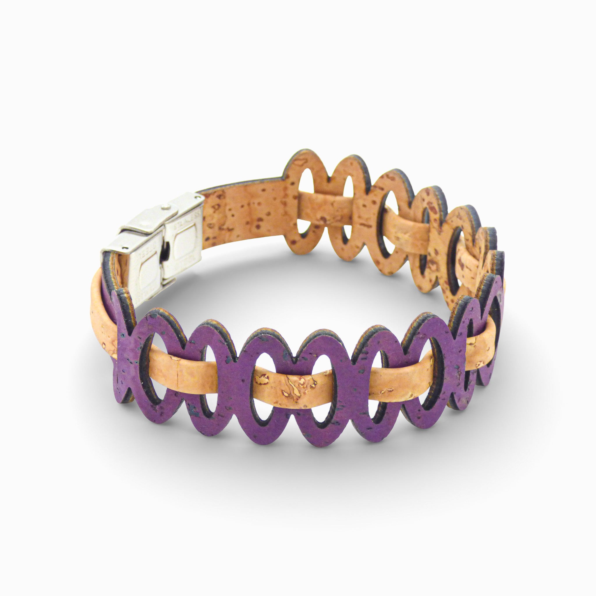 Adjustable Cork Colors women's bracelet featuring violet double cord and graphic links in a natural design.