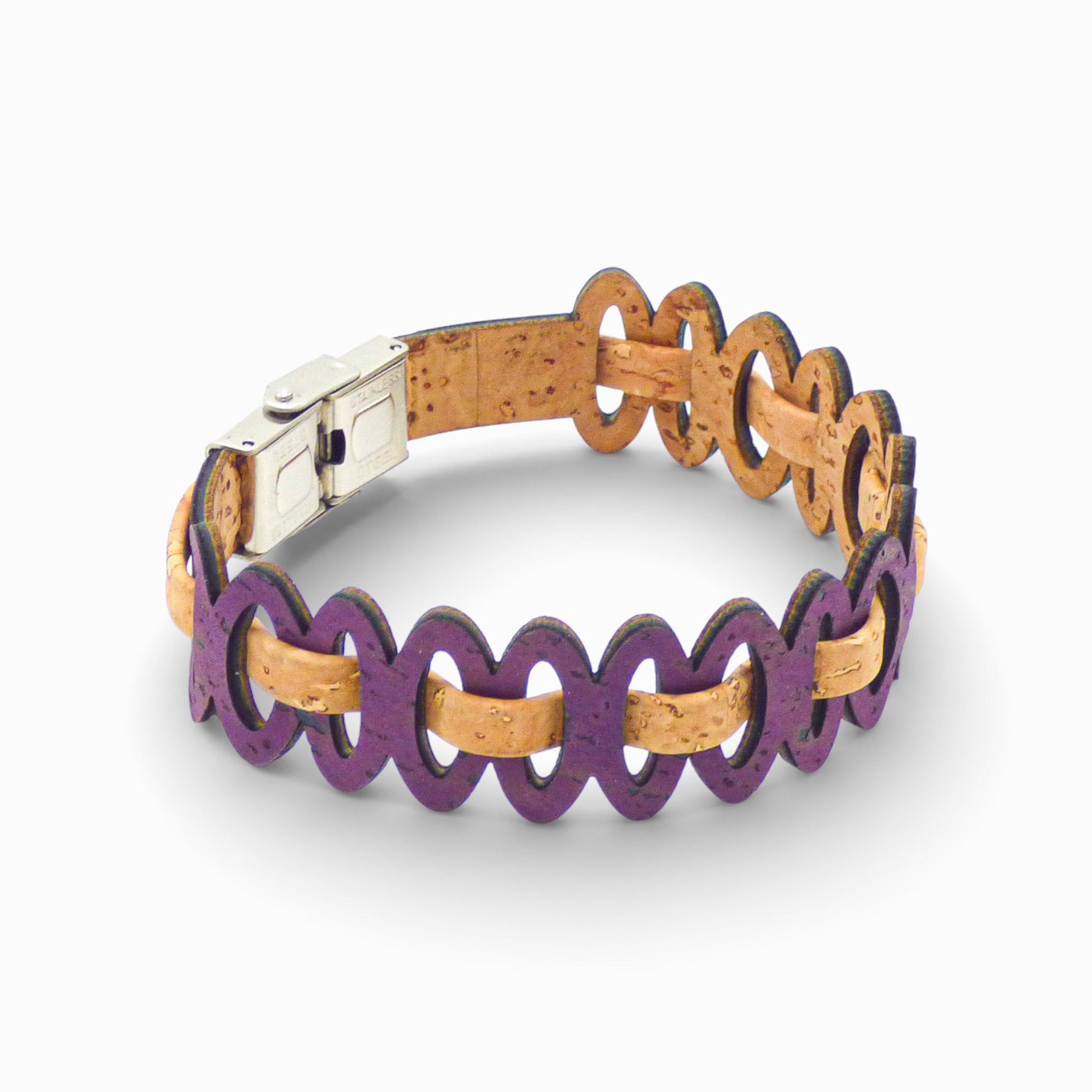 Adjustable double cord bracelet in natural cork with violet accents from Cork Colors, featuring graphic links.