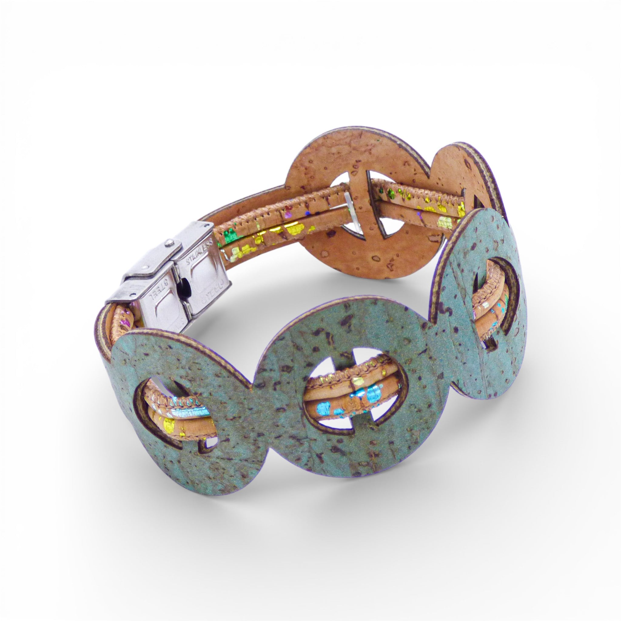 Bracelet anneaux en liège turquoise à insert irisé — Cork Colors, fermoir métal, Portugal