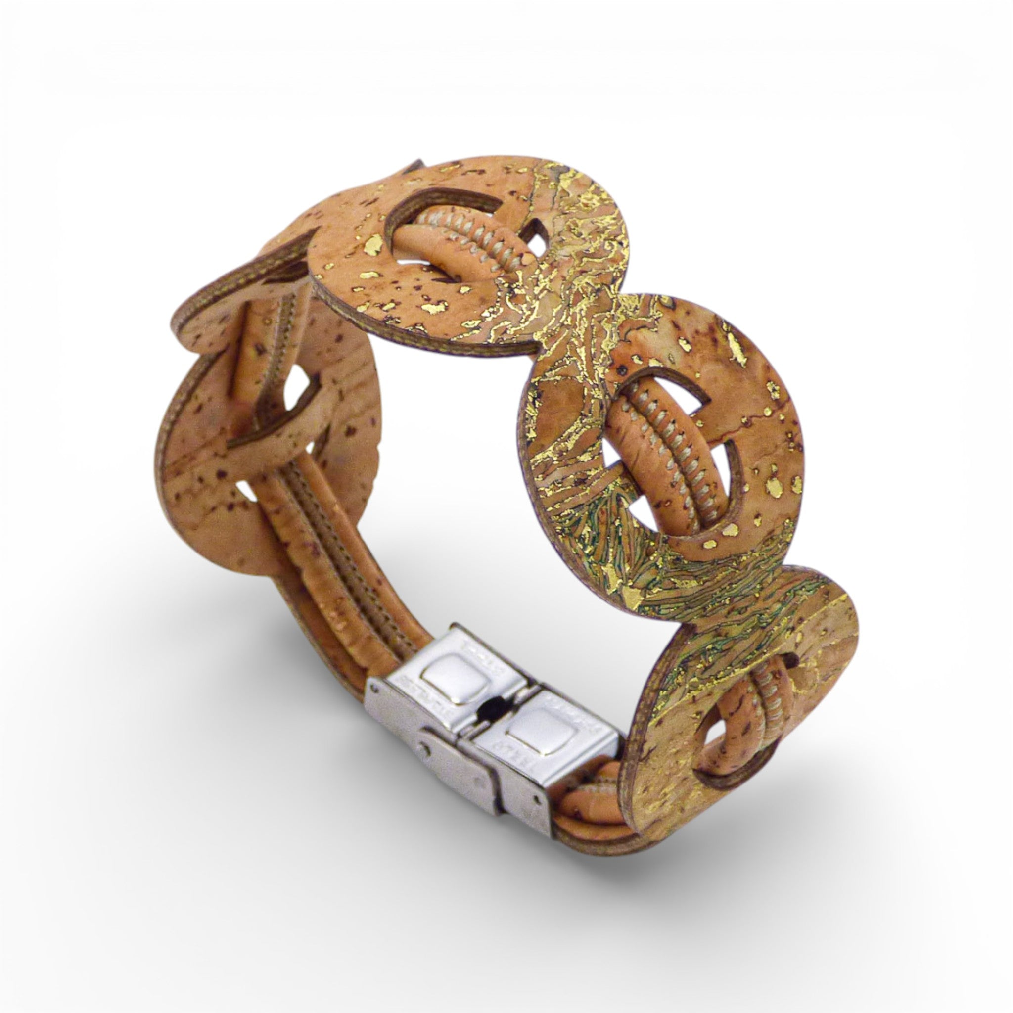 Bracelet anneaux en liège naturel piqueté de doré — Cork Colors, fermoir métal, Portugal