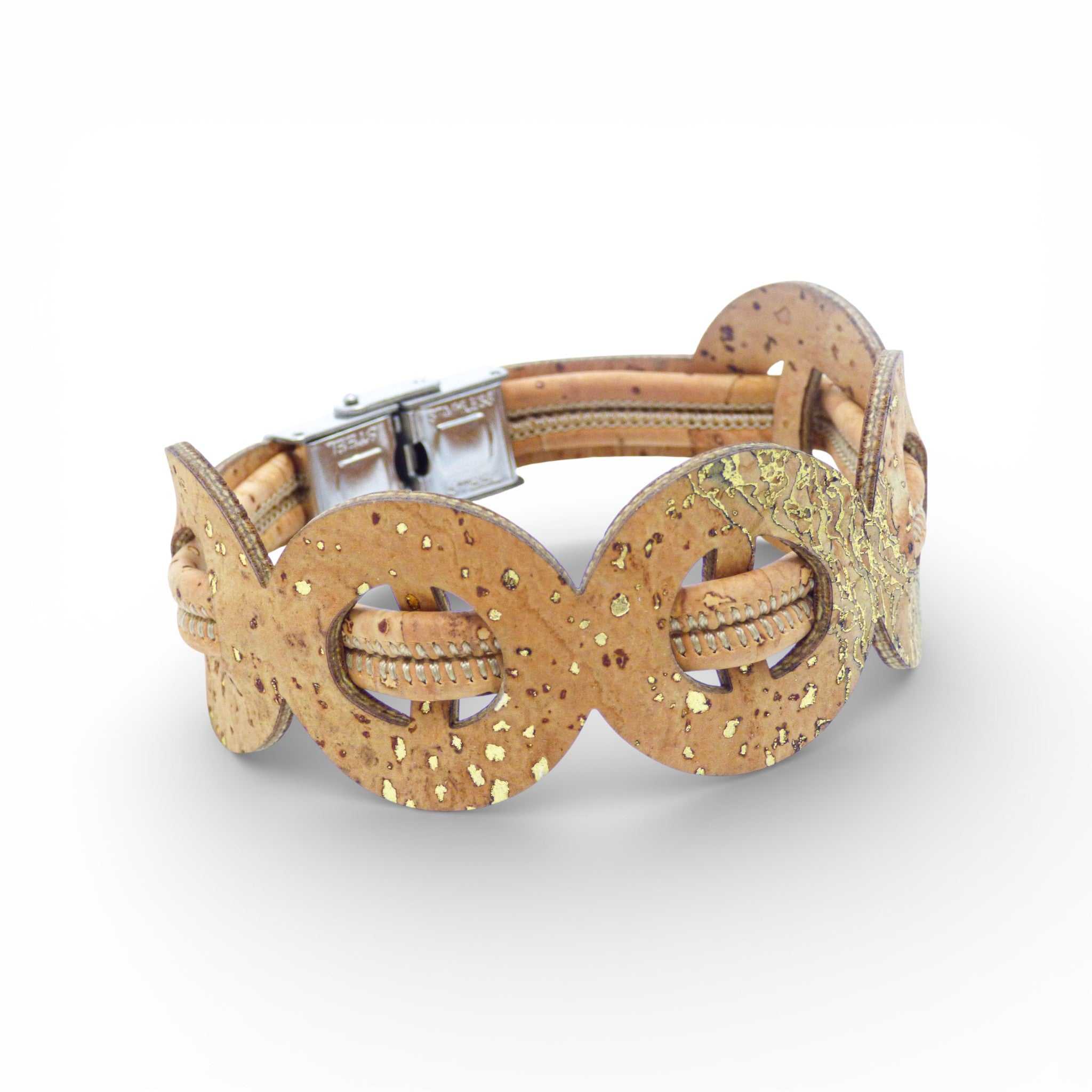 Bracelet anneaux en liège naturel piqueté de doré — Cork Colors, fermoir métal, Portugal