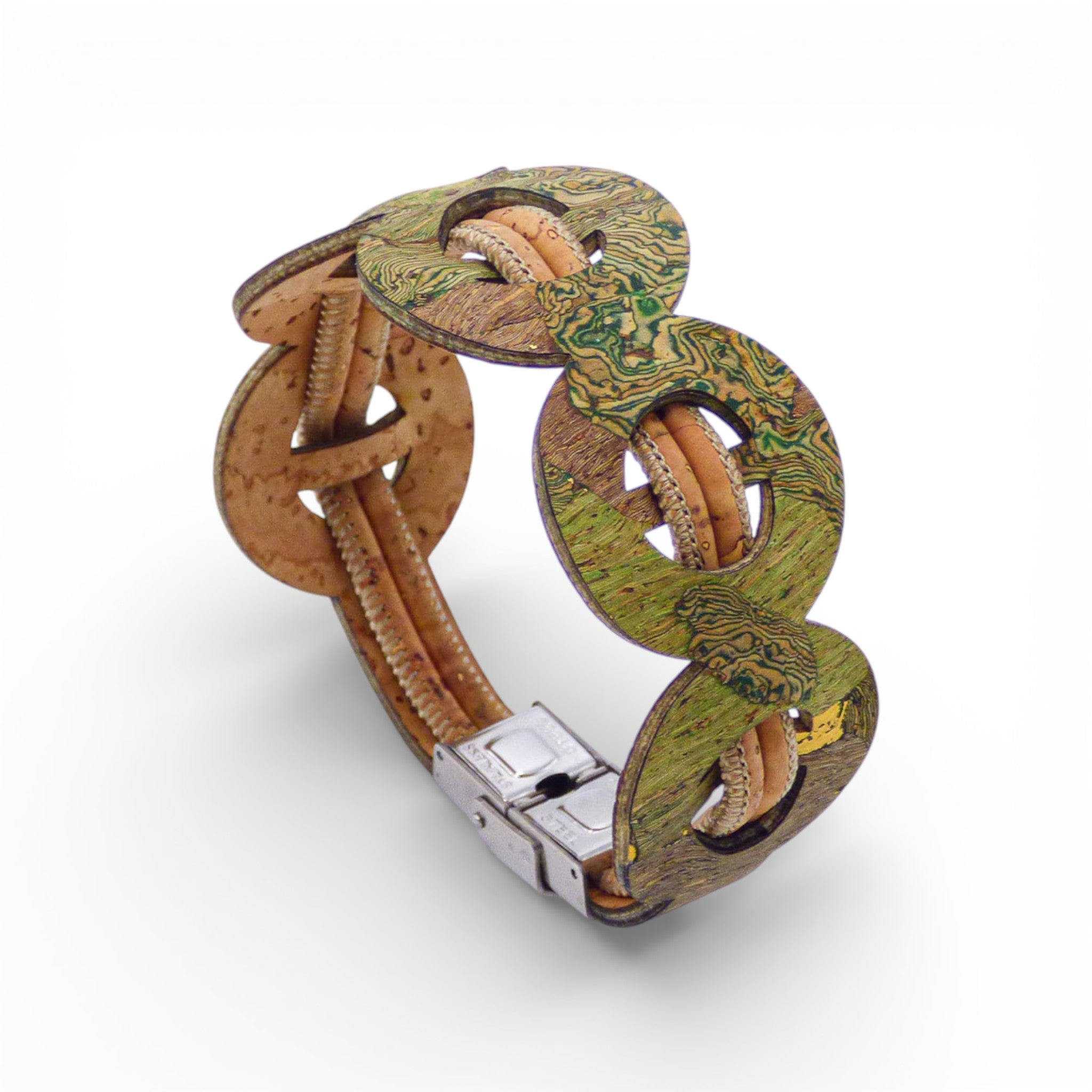 Green marbled graphic circle bracelet from Cork Colors, made of natural cork for women.