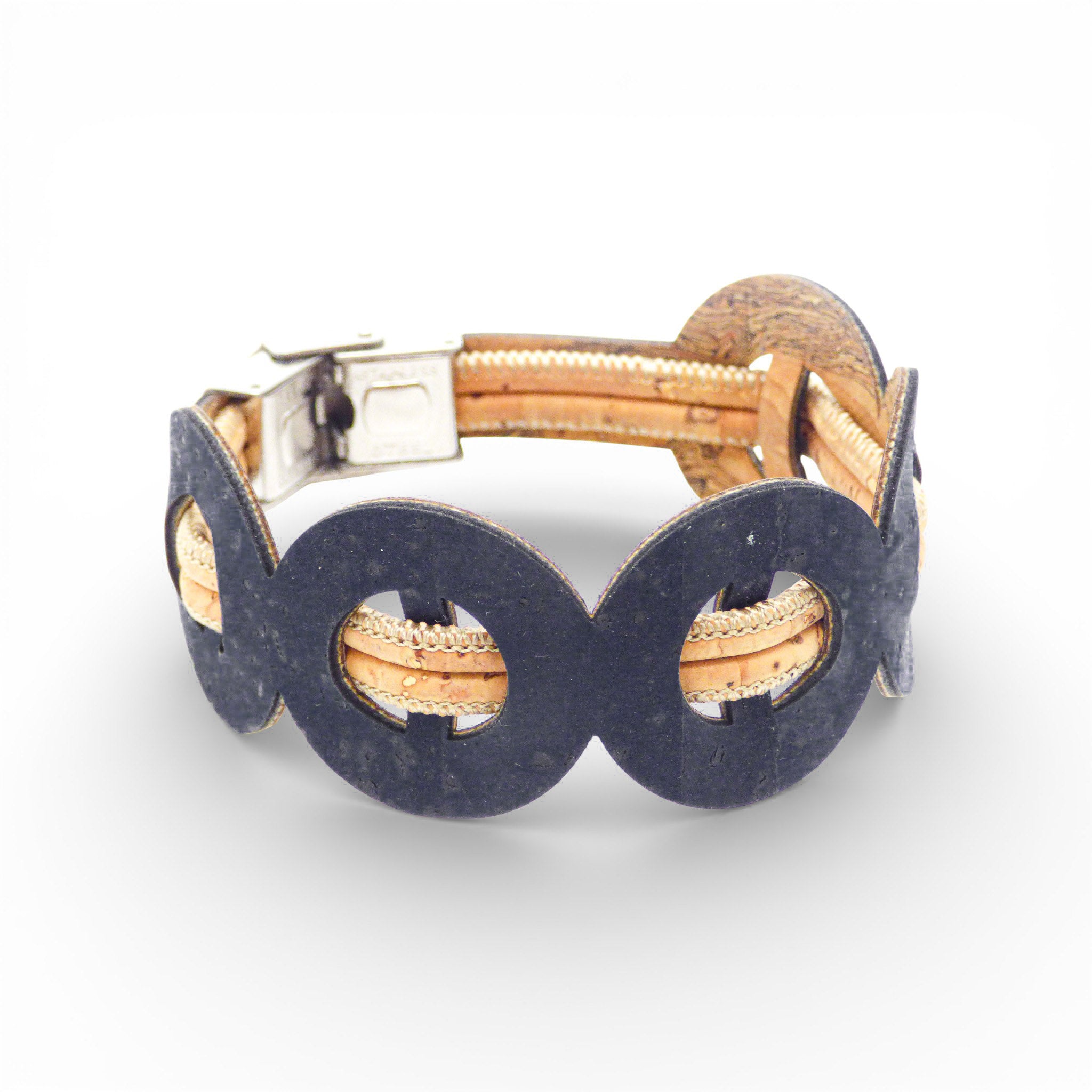 Bracelet cercles entrelacés en liège bleu marine — Cork Colors, fermoir métal blanchi, Portugal