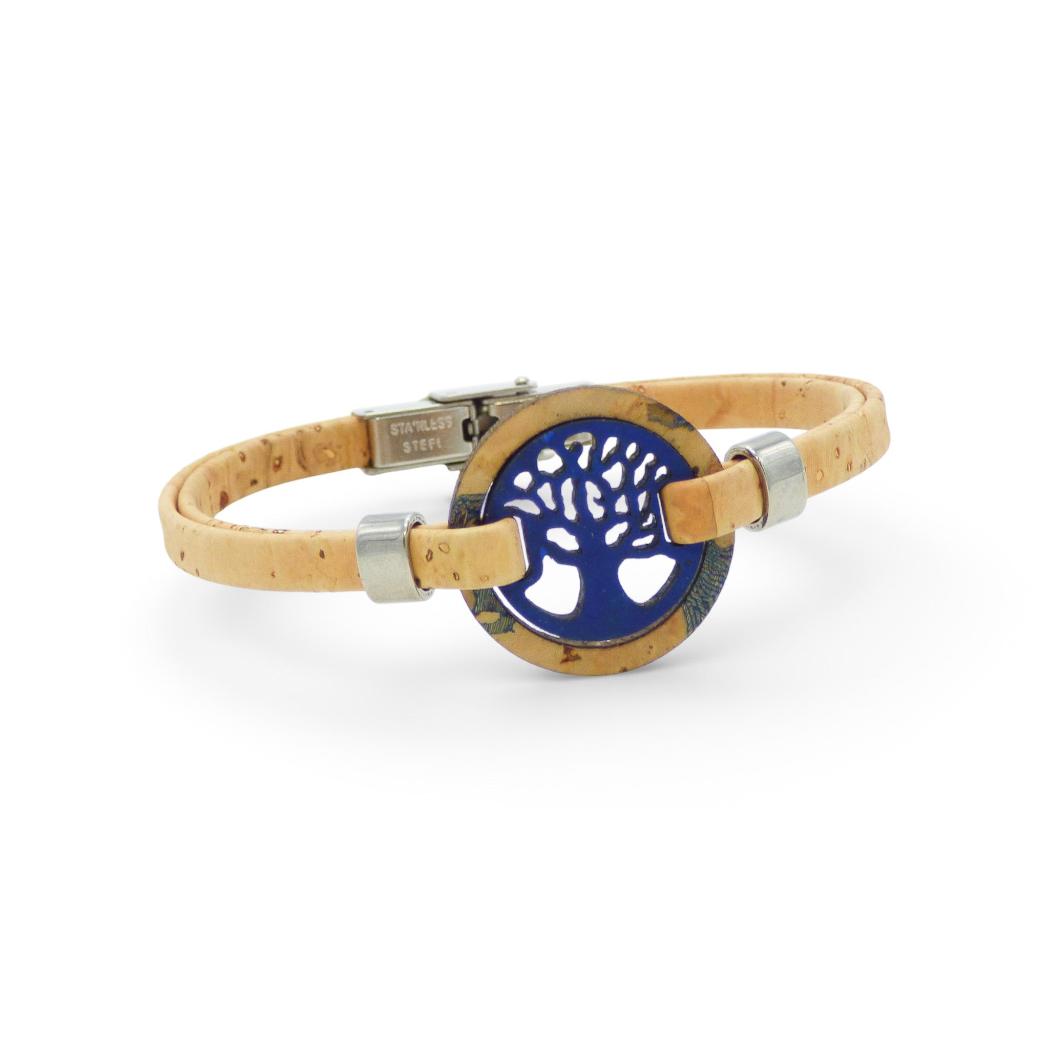 Cork Colors women's Tree of Life medallion bracelet in blue, featuring a unique cork design and intricate detailing.